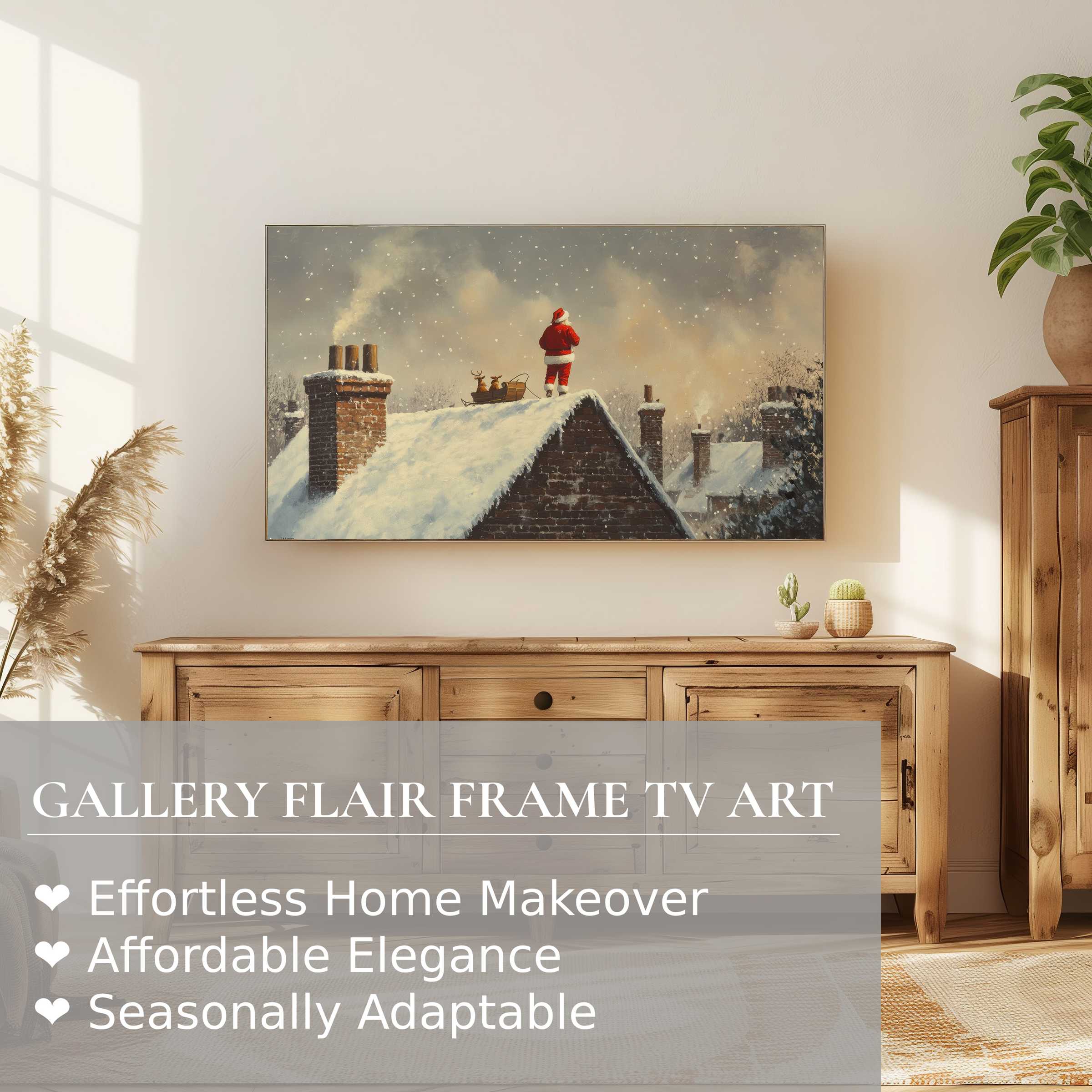 Samsung Frame TV showcasing refined christmas digital artwork of Santa on a snowy rooftop in a cozy modern setting