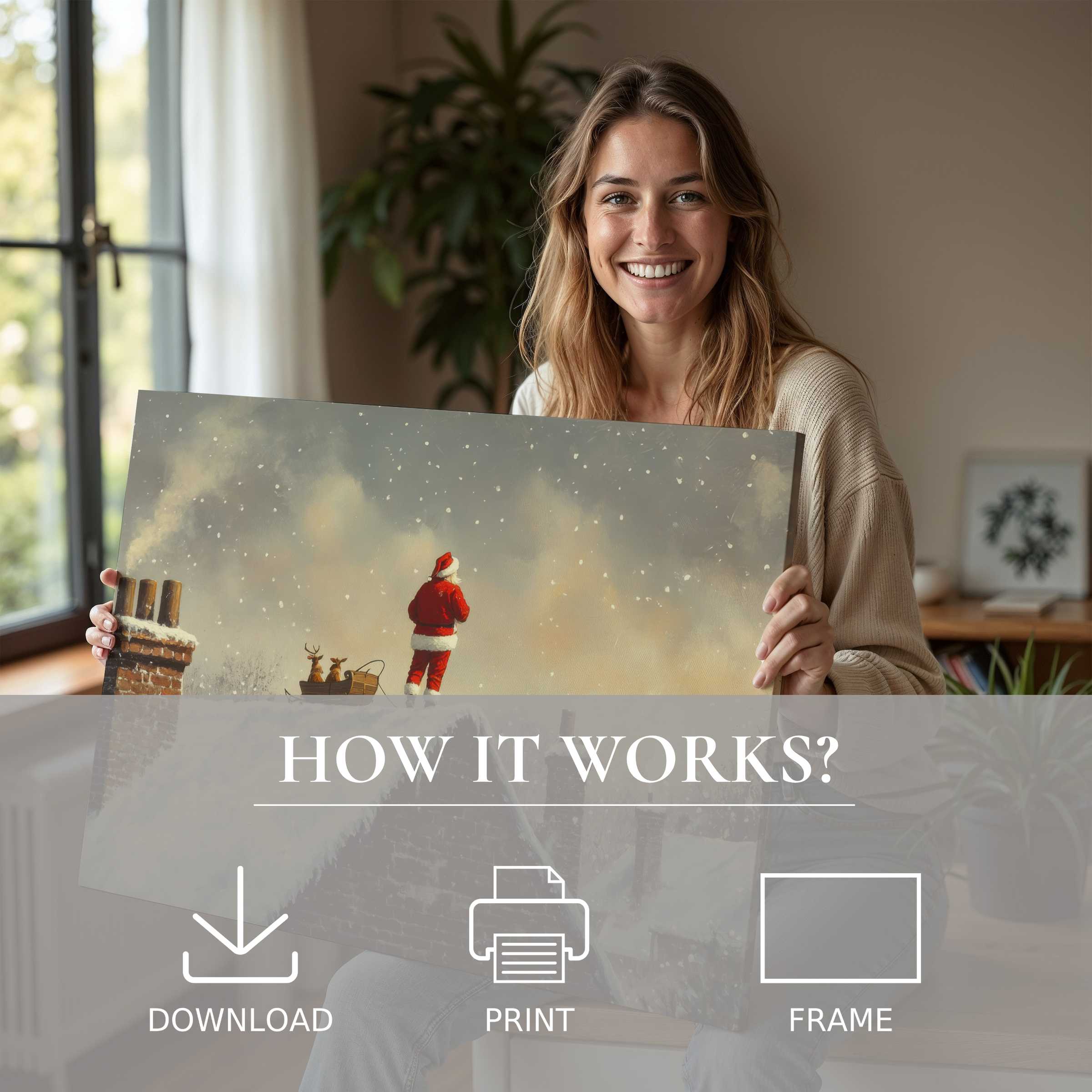 Warmth and joy infuse this Christmas digital art print as it transforms a modern home with serene, heartfelt elegance