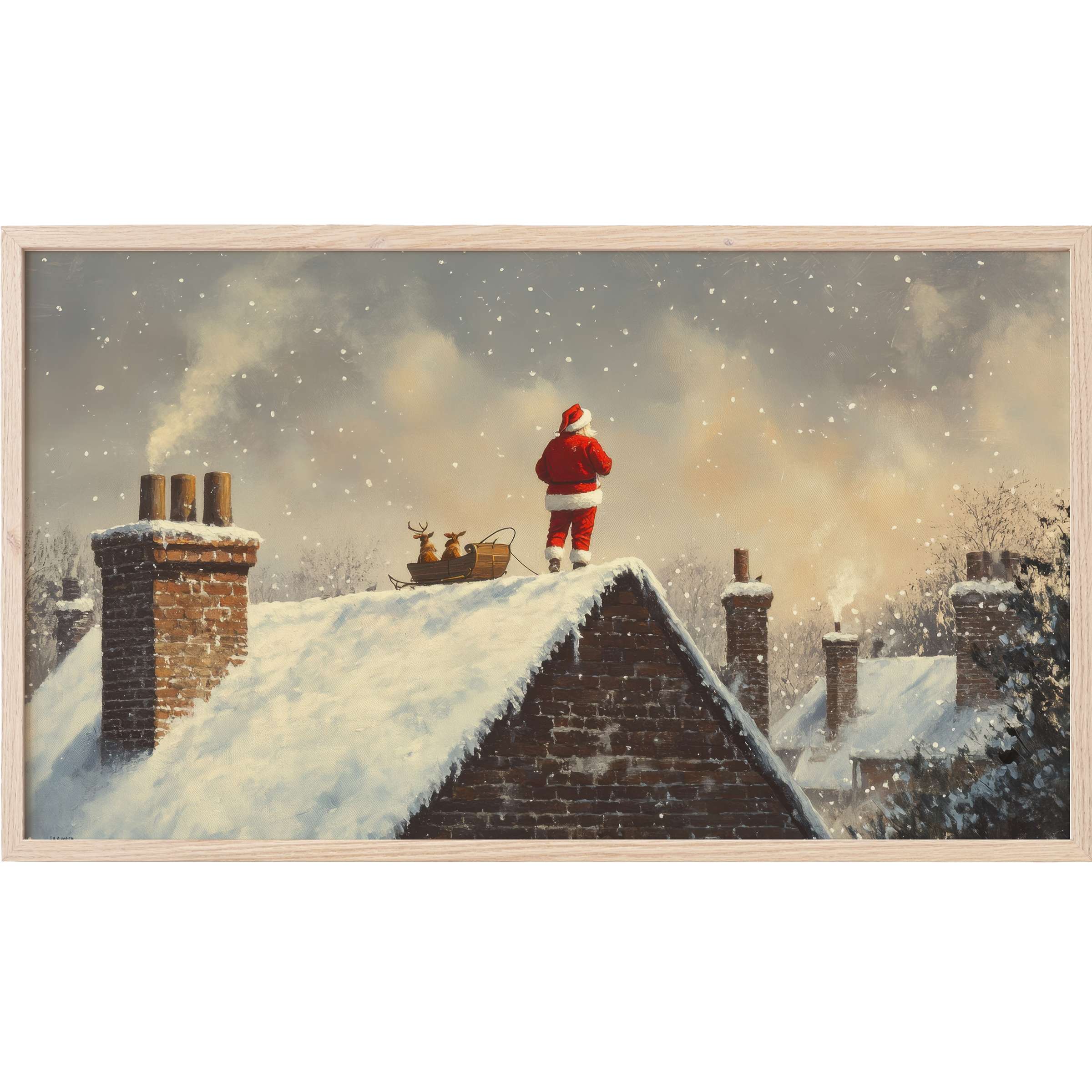 Elegant christmas Frame TV Art shows Santa in vivid red on a snowy rooftop under a soft, muted sky at dusk