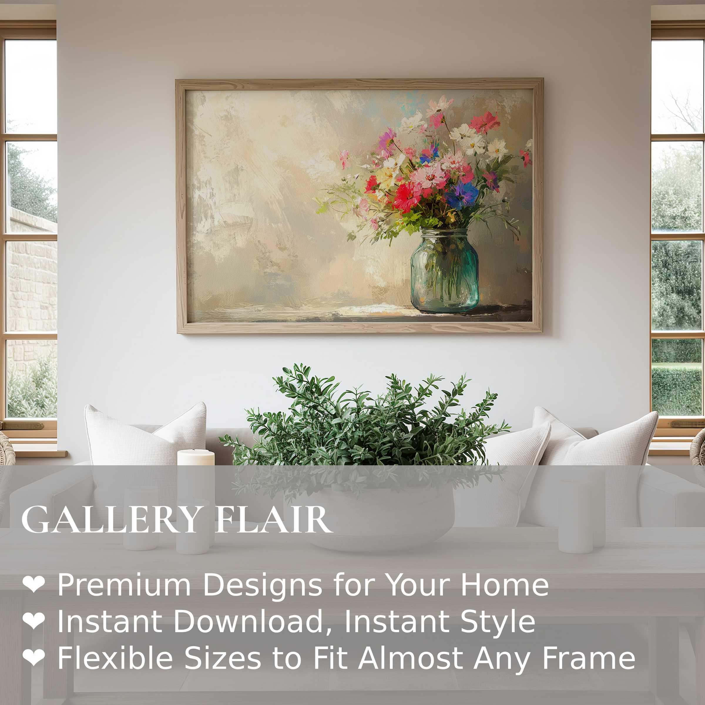 Radiant spring wall art print of vibrant blossoms in a glass jar, enhancing serene modern farmhouse living spaces with timeless elegance