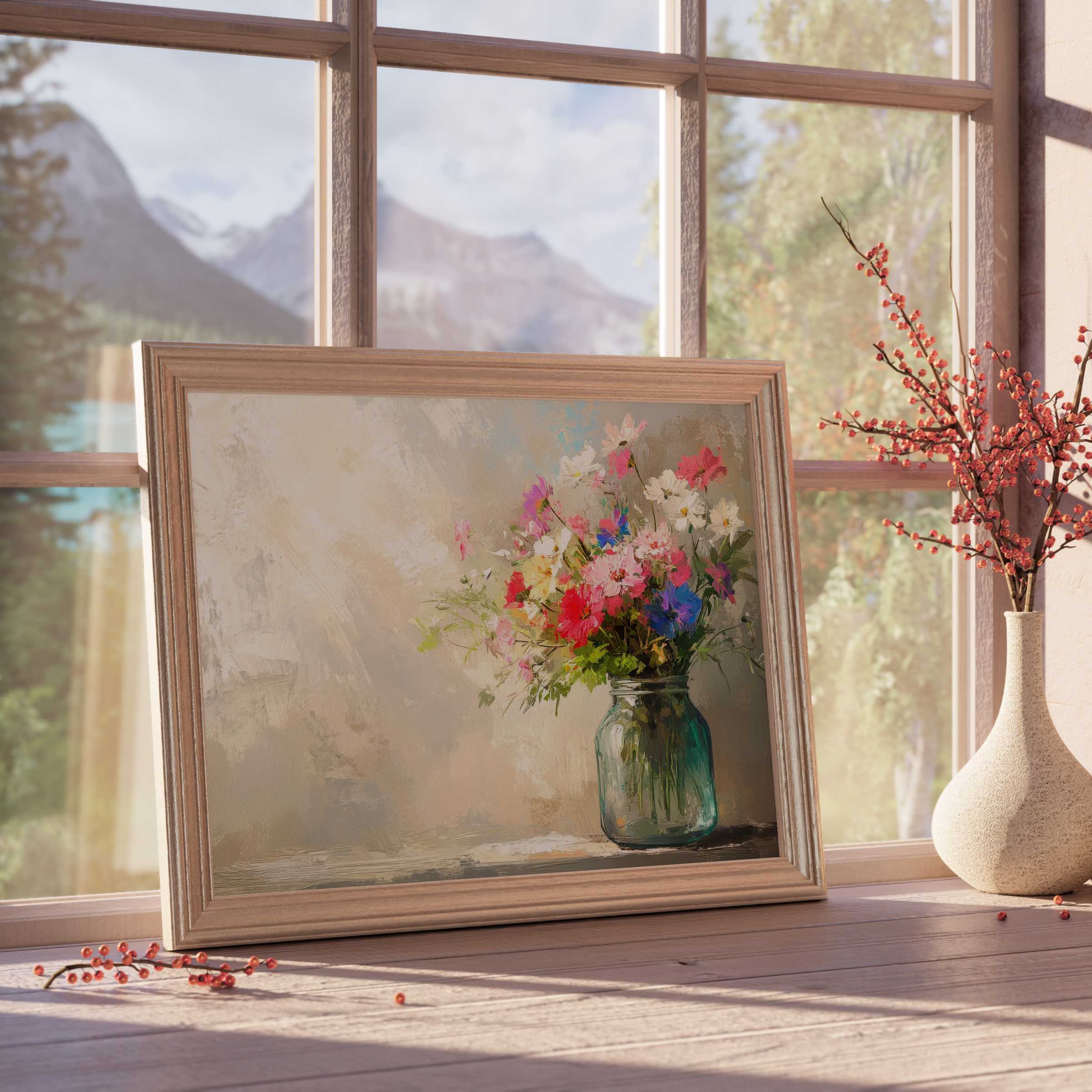 Serene spring downloadable art featuring a vibrant wildflower bouquet in soft light, perfect for curated, tranquil interiors