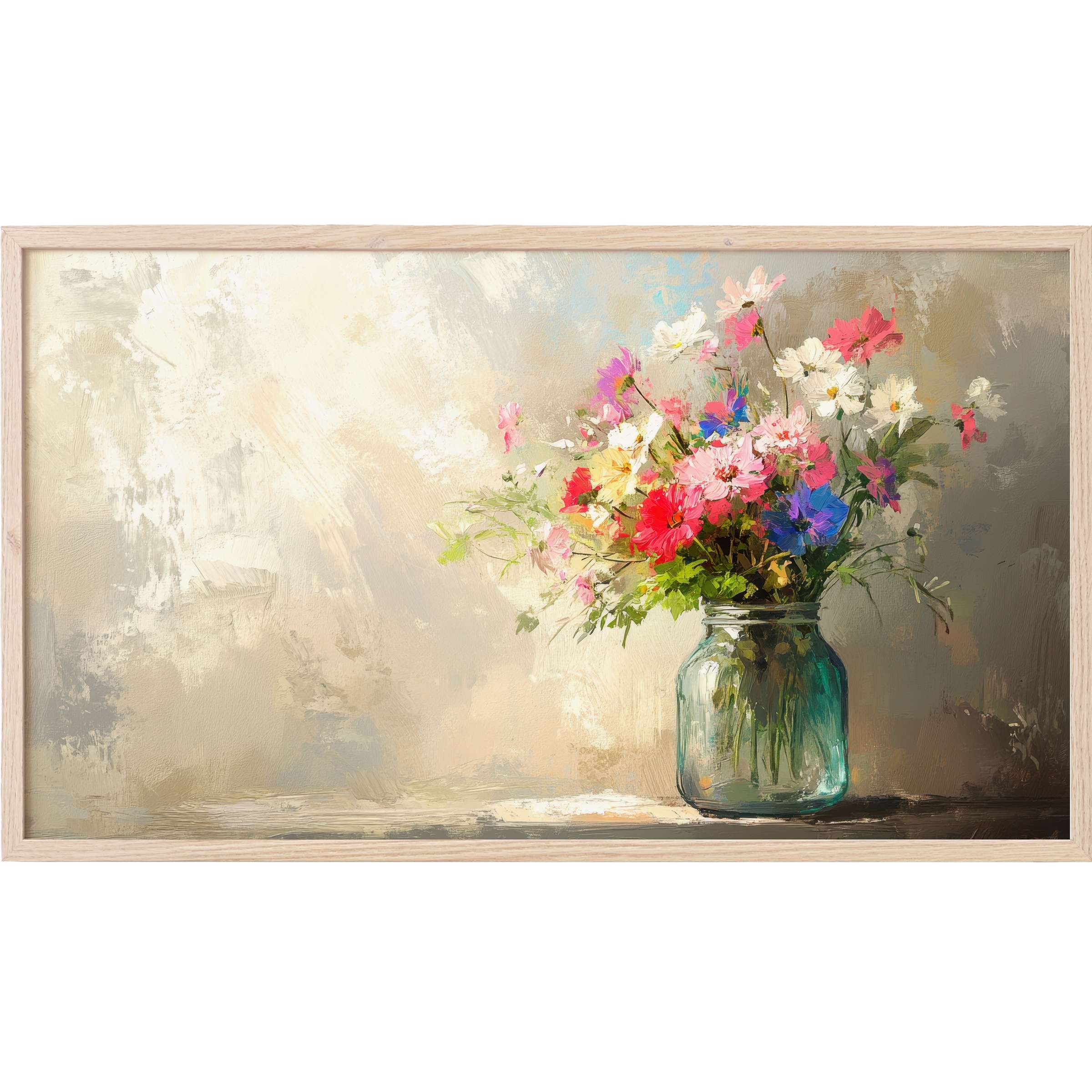 Elegant bouquet of spring flowers in soft pastels and vivid hues in a glass jar, spring Frame TV Art