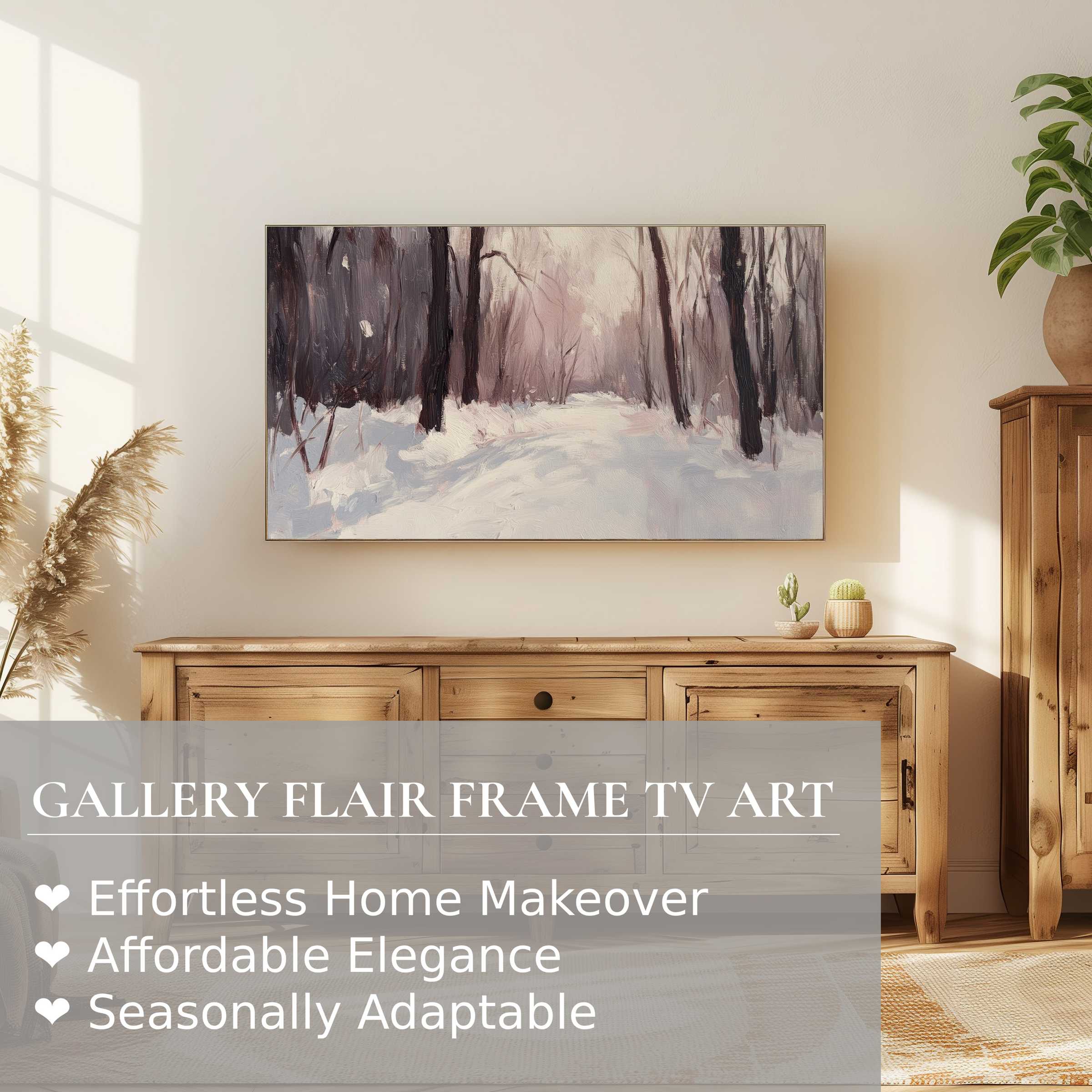 Samsung Frame TV displaying serene winter digital artwork in a chic, natural wood living space for refined decor