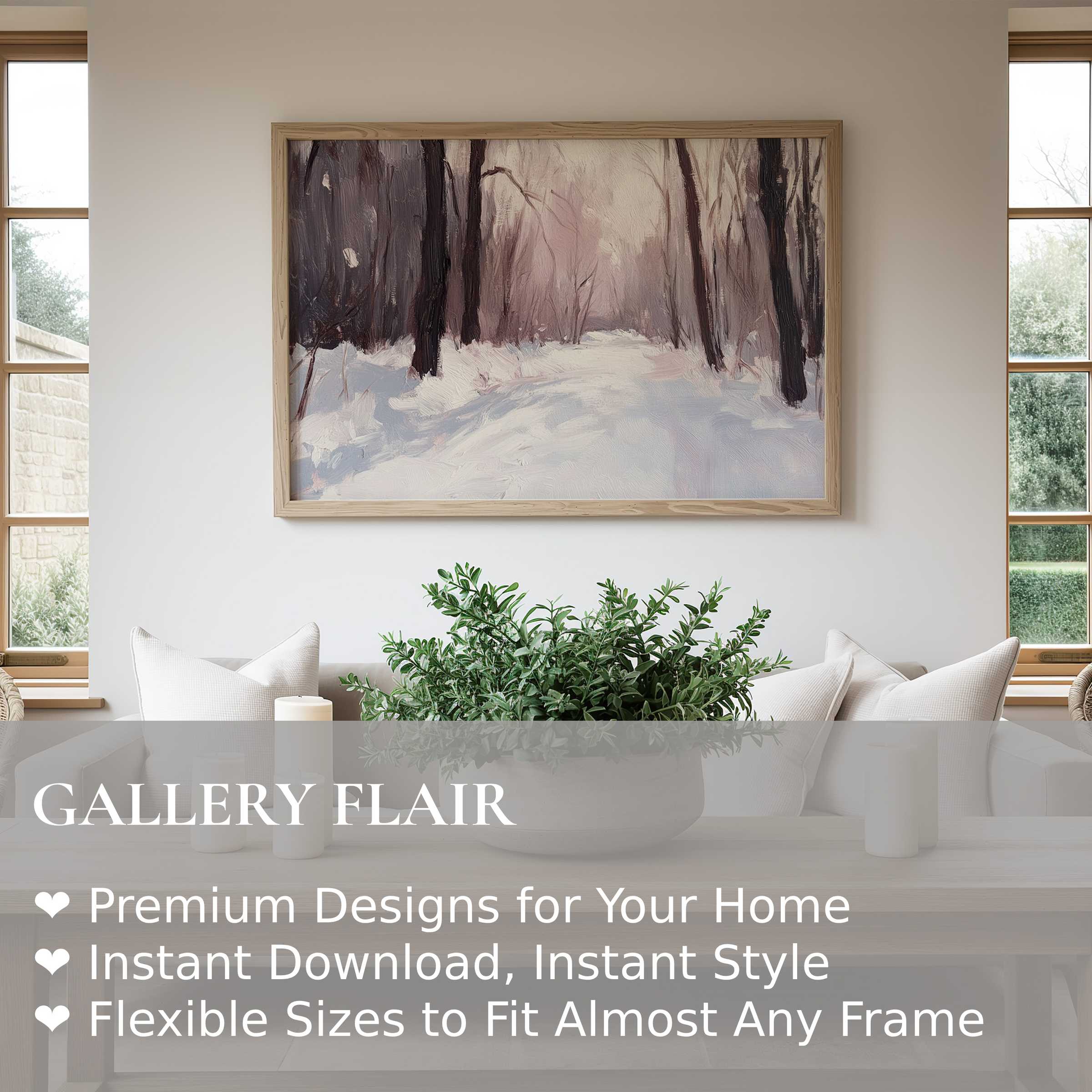 Winter wall art print with serene snowy forest path in muted tones, enhancing modern minimalist spaces with calm, elegant nature-inspired flair