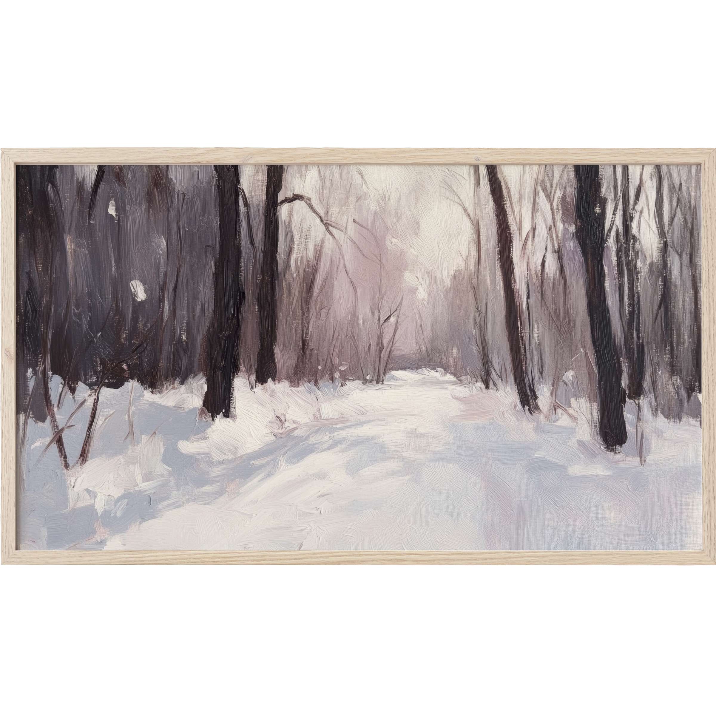 Winter Frame TV Art depicting a serene snow-covered path framed by bare trees in soft muted grays and purples