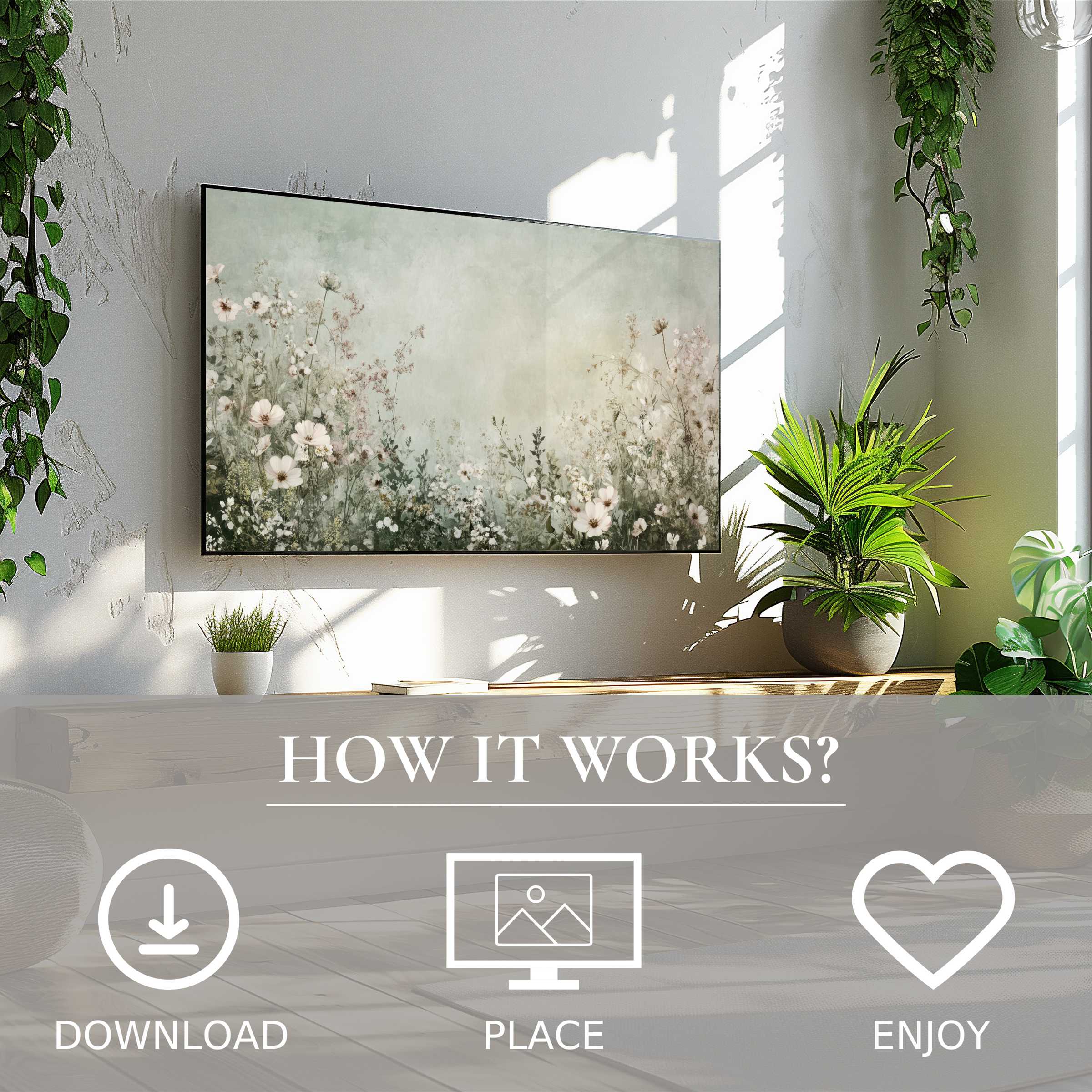 Boho art for Samsung TV with soft floral tones enhances any living space via easy digital download and display