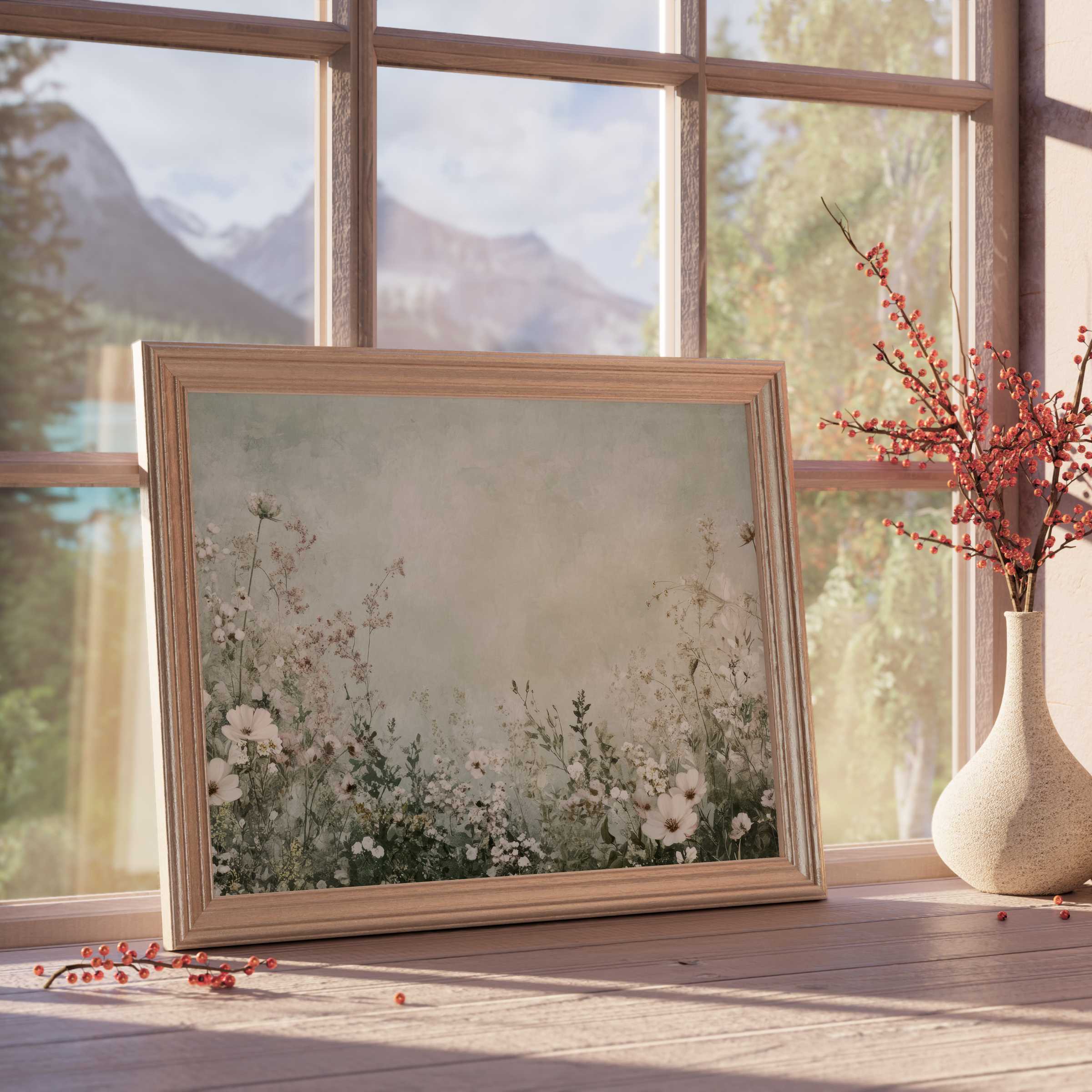 Boho downloadable art capturing serene wildflowers in muted tones, perfect for elevating tranquil, curated interiors with natural elegance