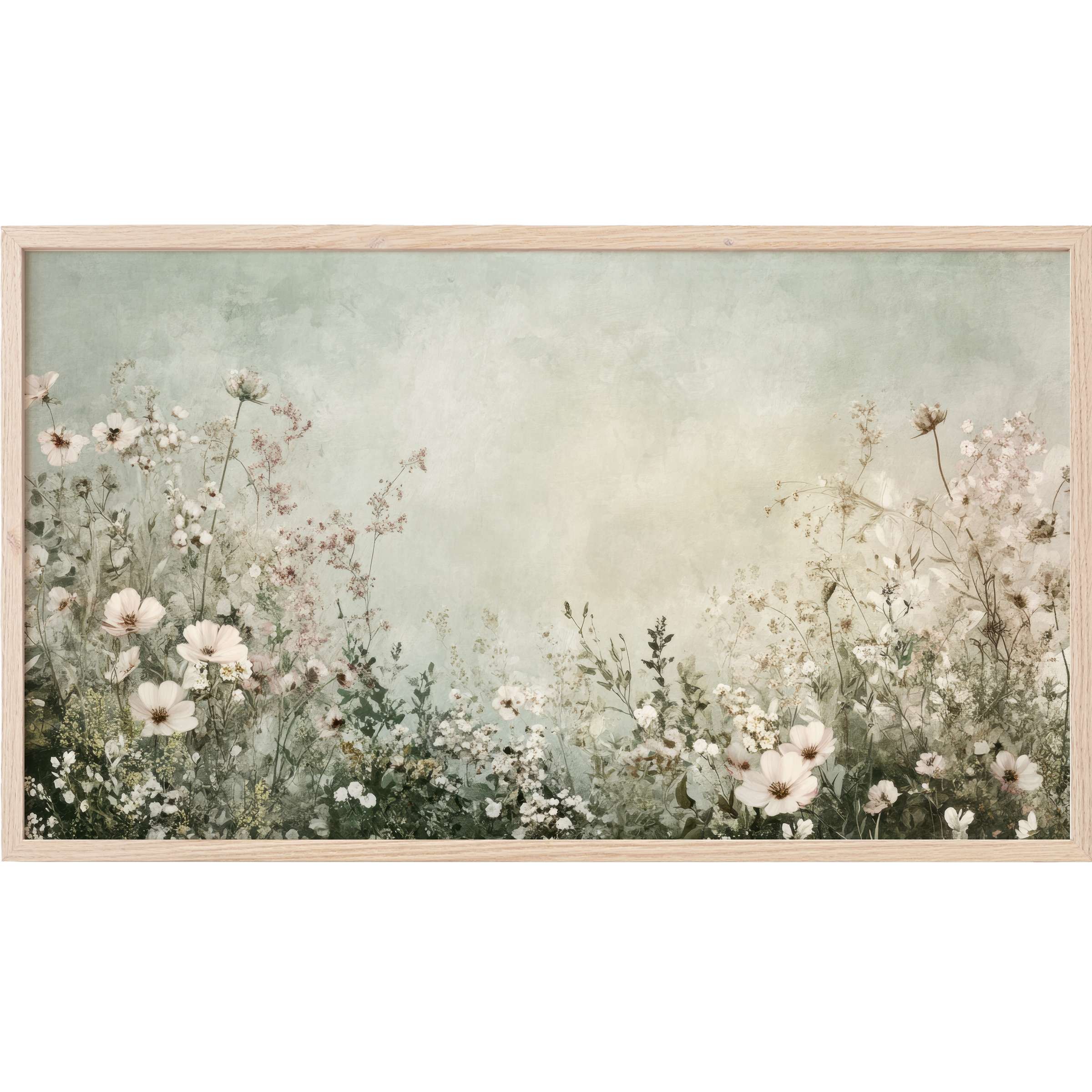 Boho Frame TV Art with delicate wildflowers in soft creams and greens, evoking tranquil, ethereal garden elegance