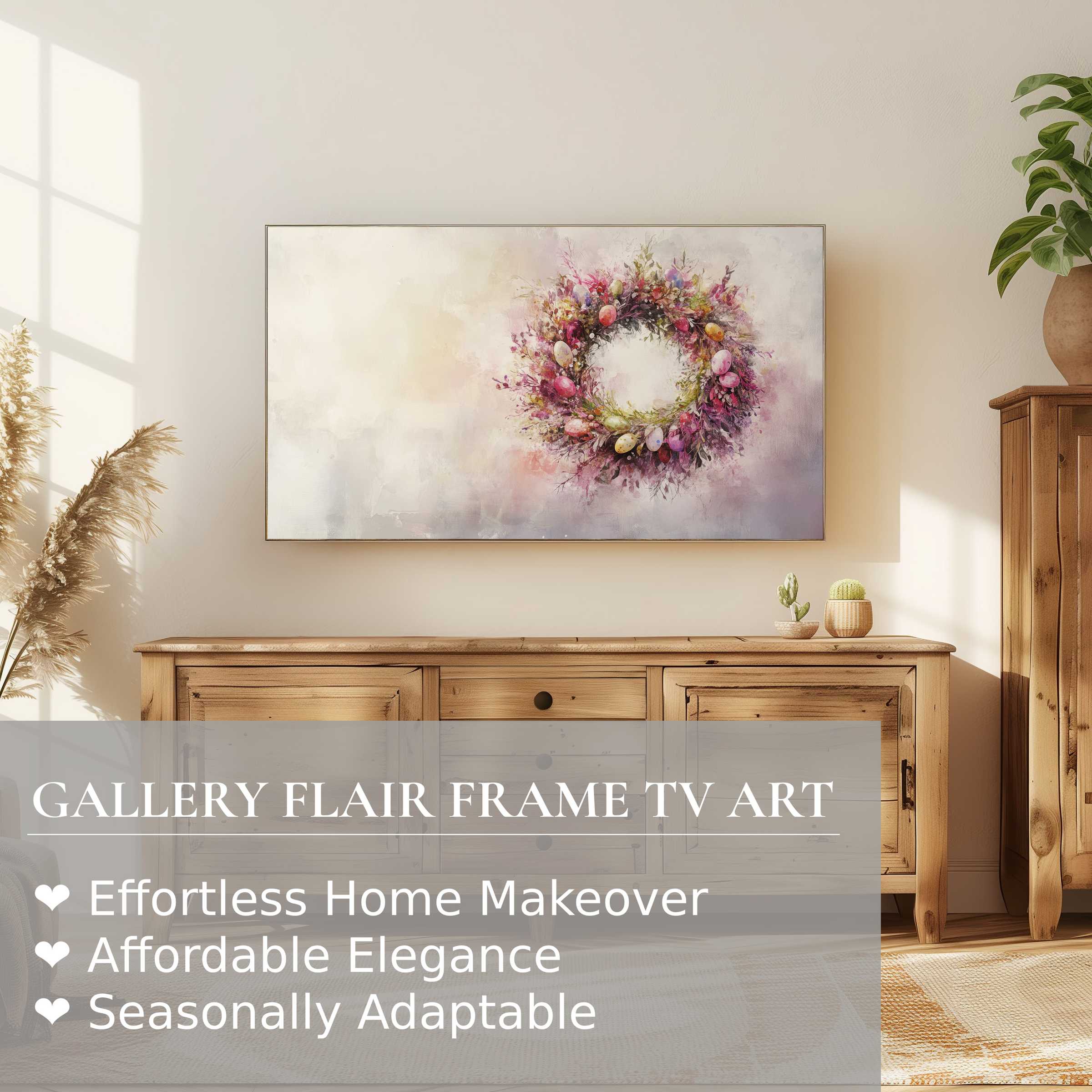 Samsung Frame TV displaying elegant easter digital artwork wreath in a cozy, modern living room setting
