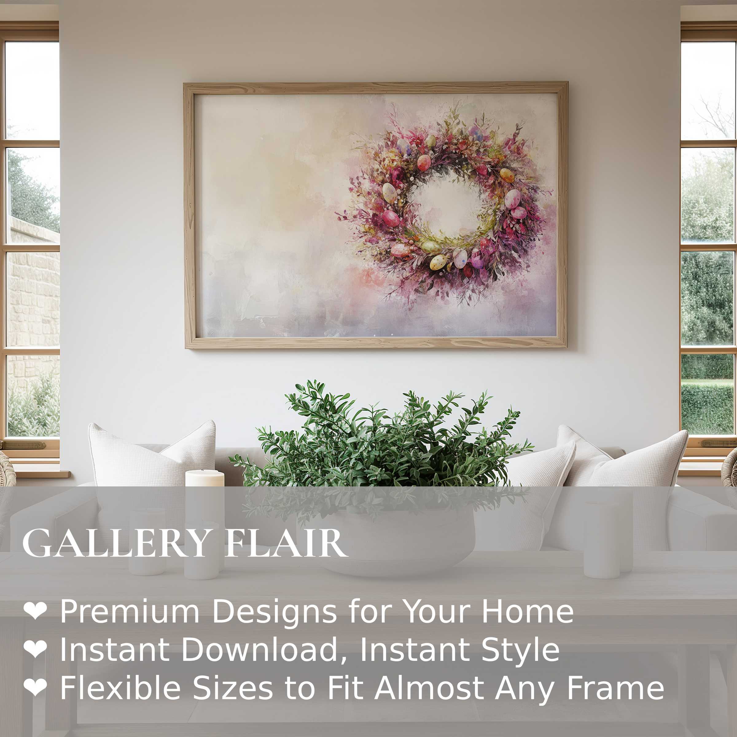 Easter wall art print featuring a radiant floral wreath with pastel eggs, enhancing serene modern farmhouse interiors with seasonal charm