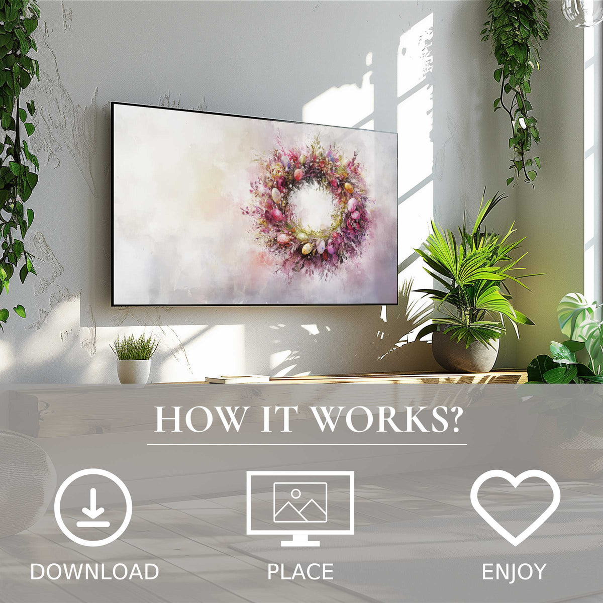 Easter art for Samsung TV shows a soft floral wreath with pastel tones, easy digital download enriches modern living spaces
