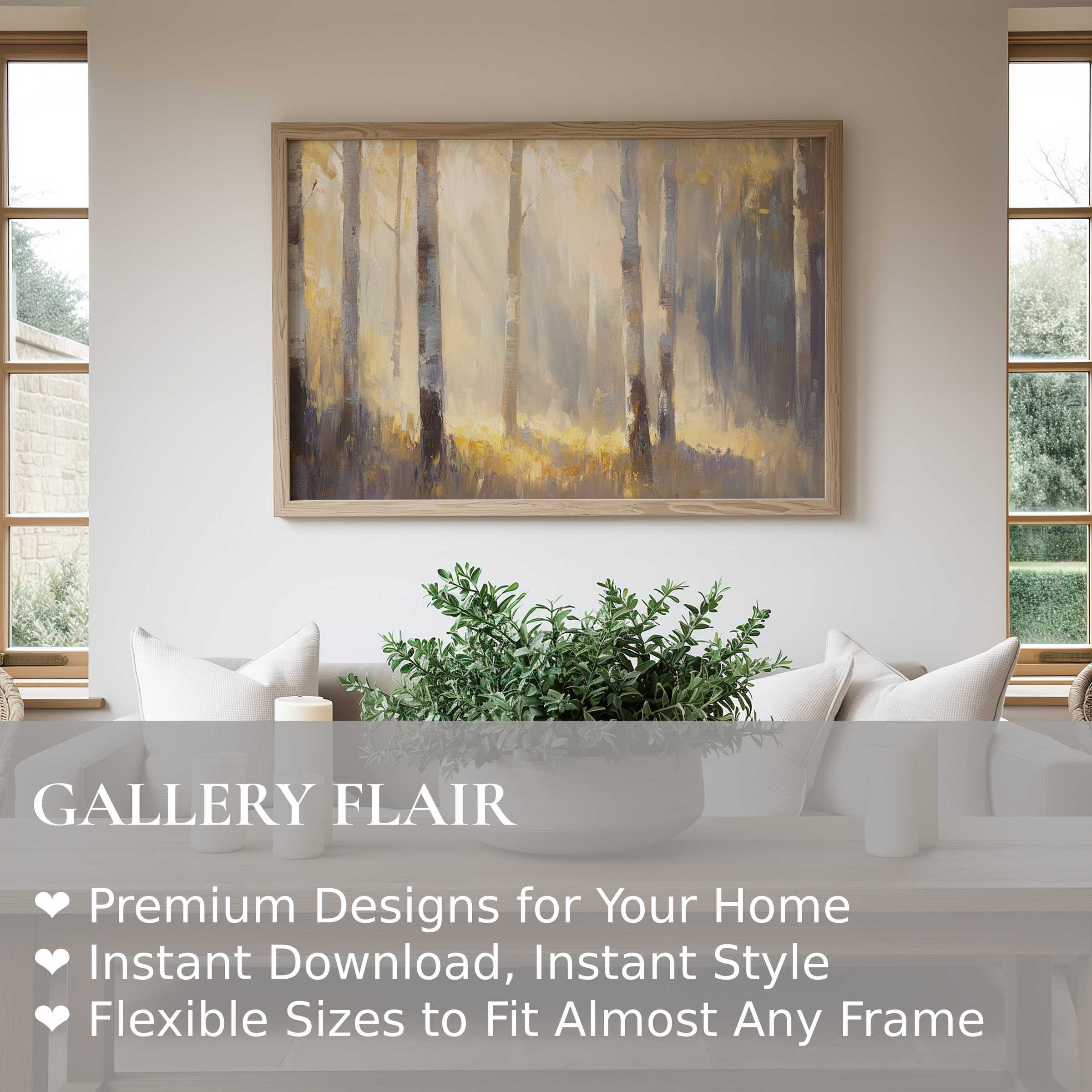 Fall wall art print capturing a serene forest with soft gold and gray hues, elevating modern minimalist living spaces