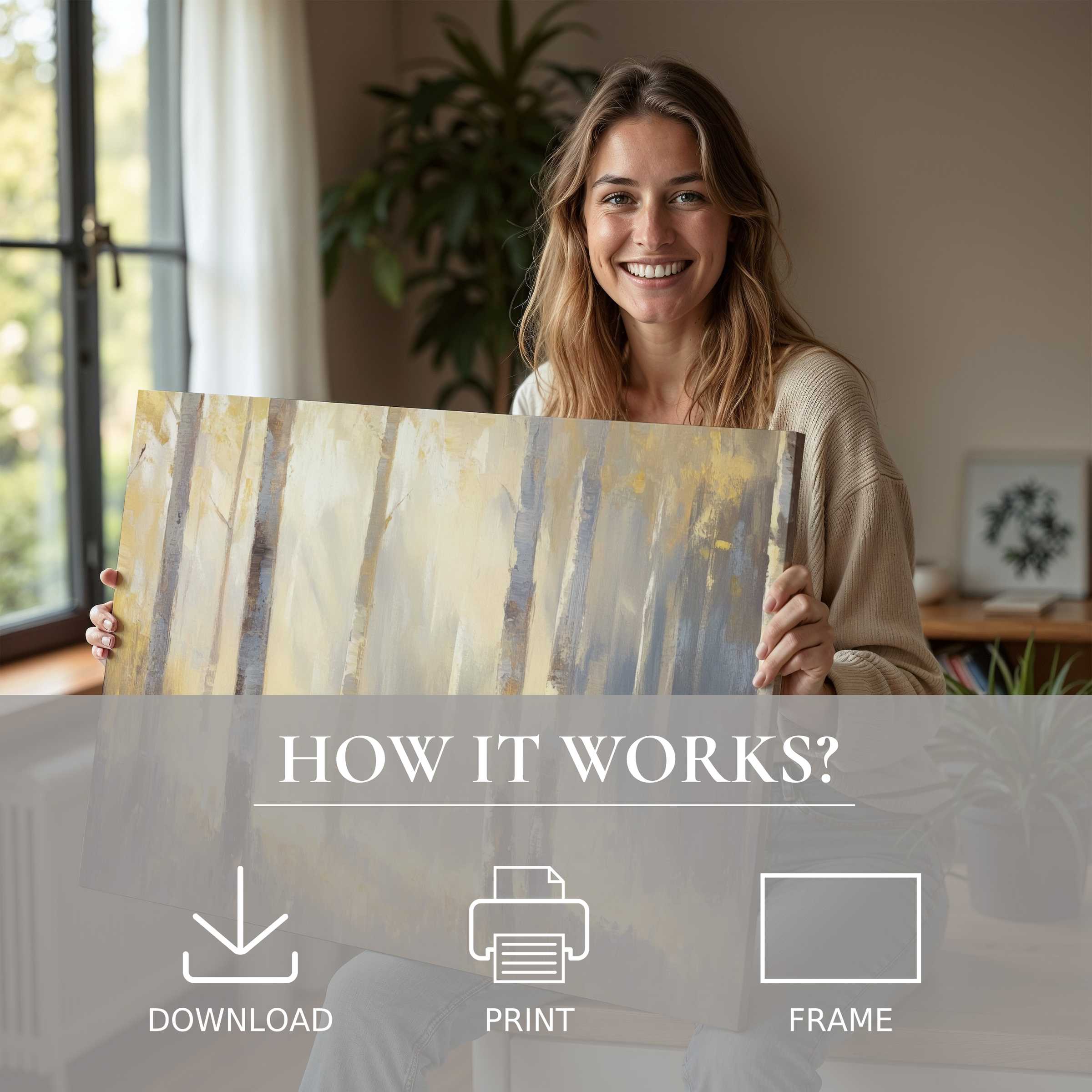 Woman in a stylish modern home joyfully sharing a fall digital art print, embodying warmth and effortless elegance