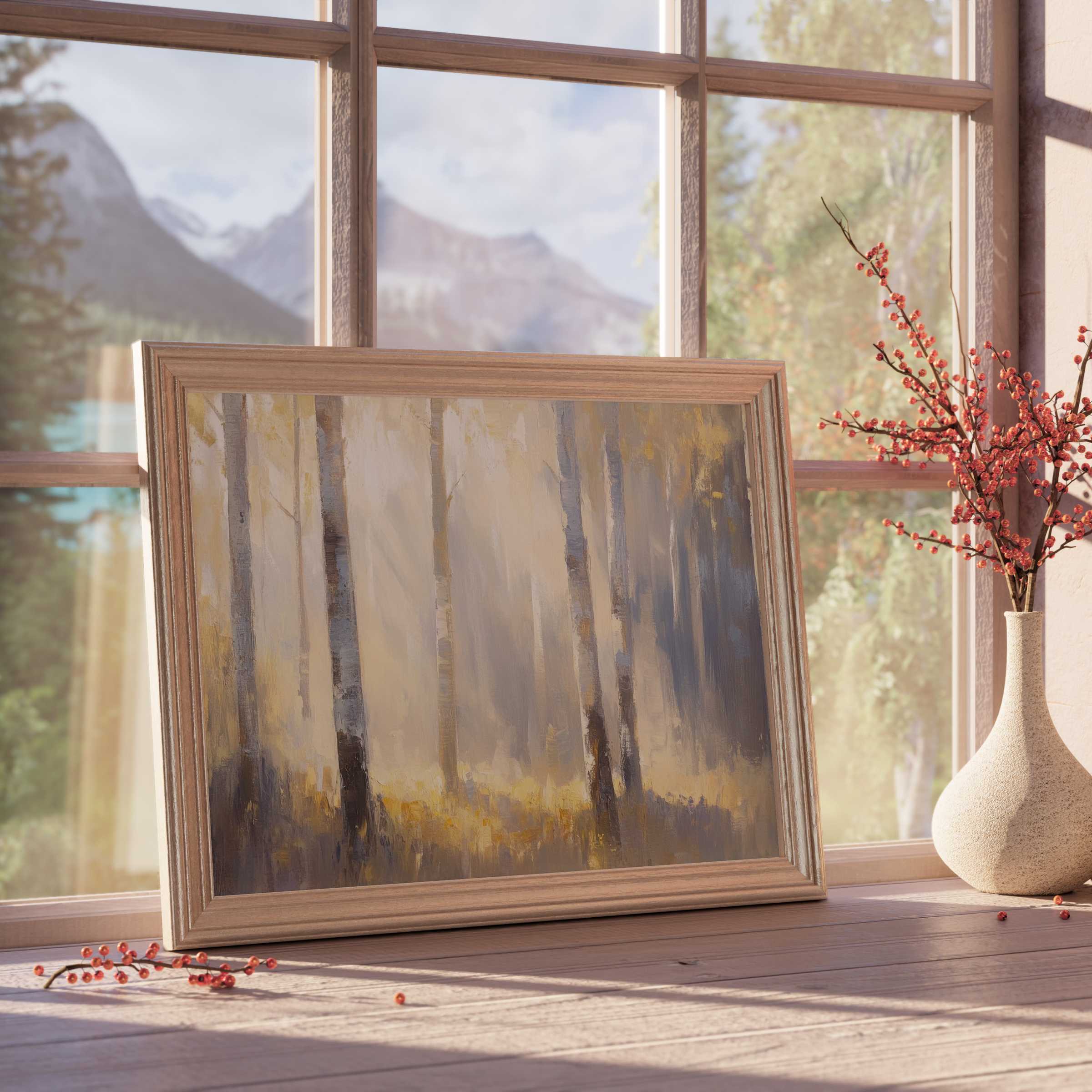 Fall downloadable art capturing a tranquil forest glow with muted golds and soft grays, elevating elegant, serene interiors