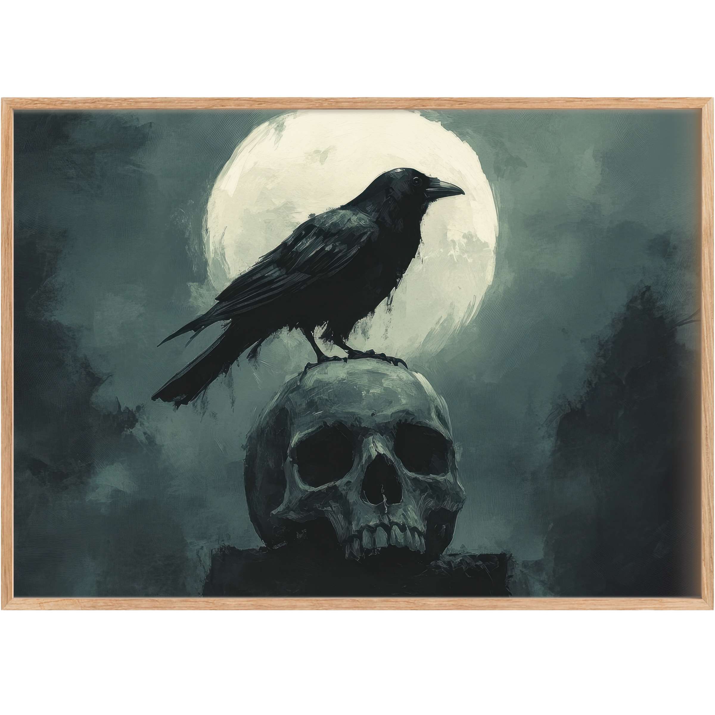 Halloween printable wall art evokes a mysterious, moody ambiance with deep slate greys and an ivory moon spotlighting a raven atop a skull