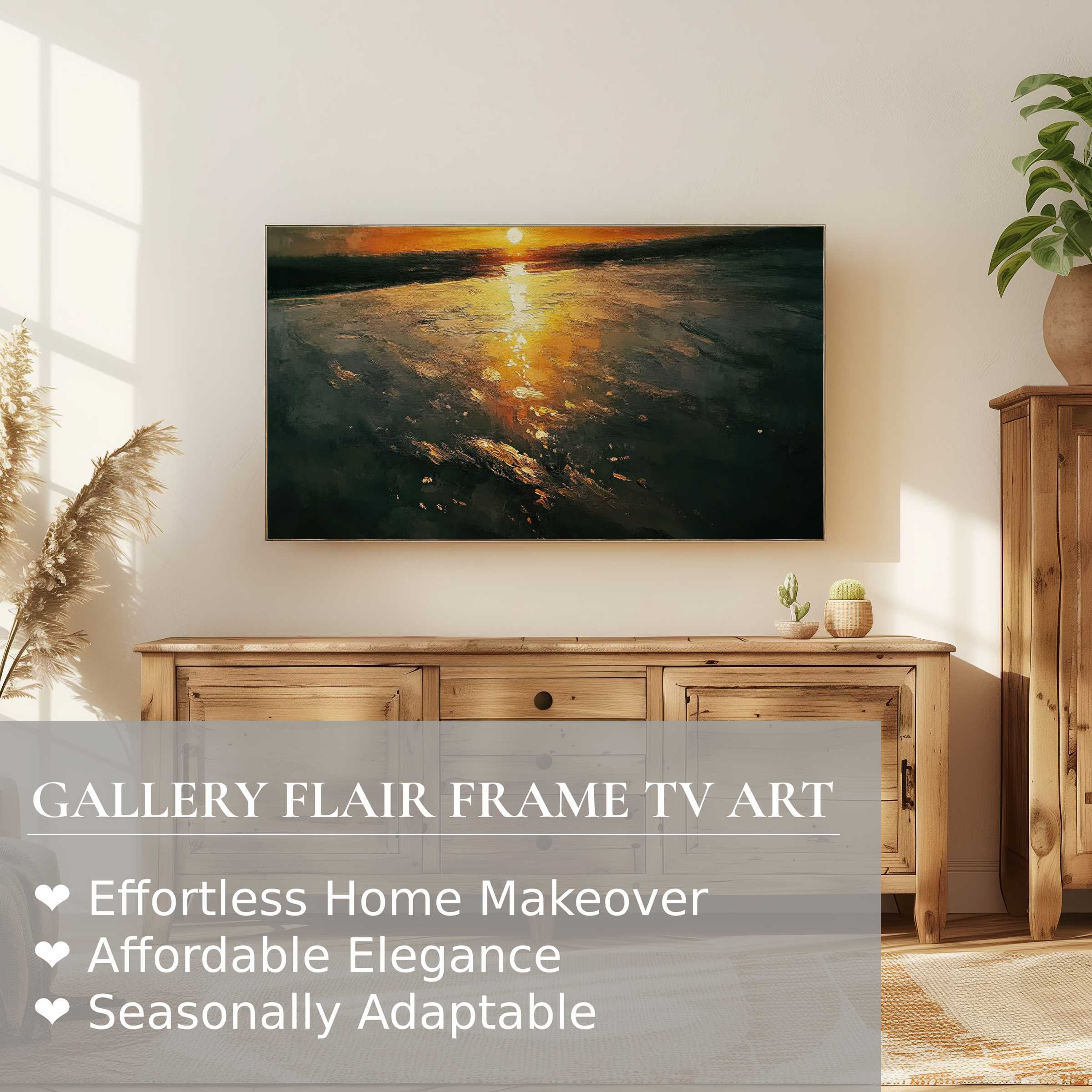 Samsung Frame TV showcasing a serene beach digital artwork at sunset, enhancing modern, elegant home decor