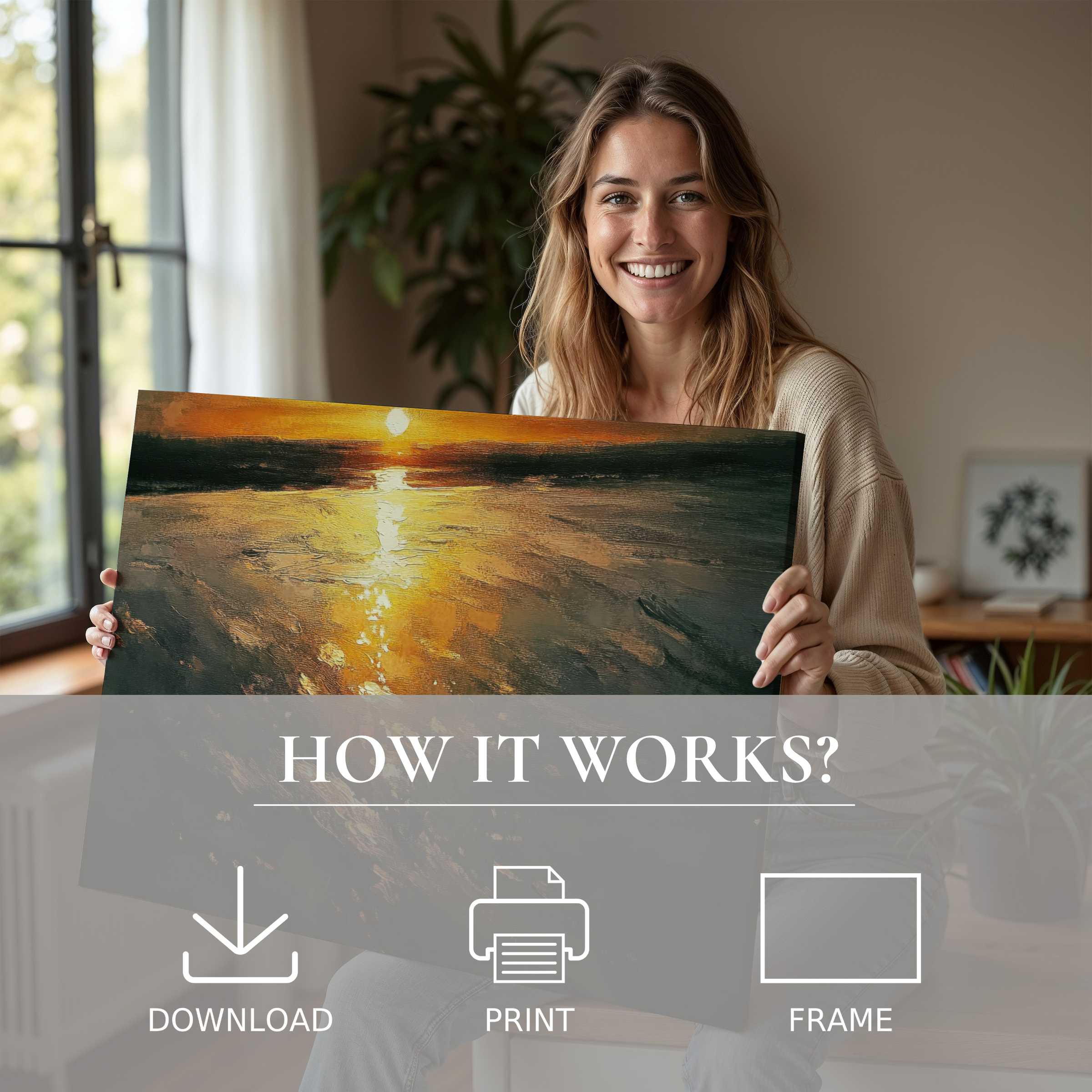 Contemporary woman embraces a radiant beach digital art print at sunset, infusing her stylish home with warmth and joy