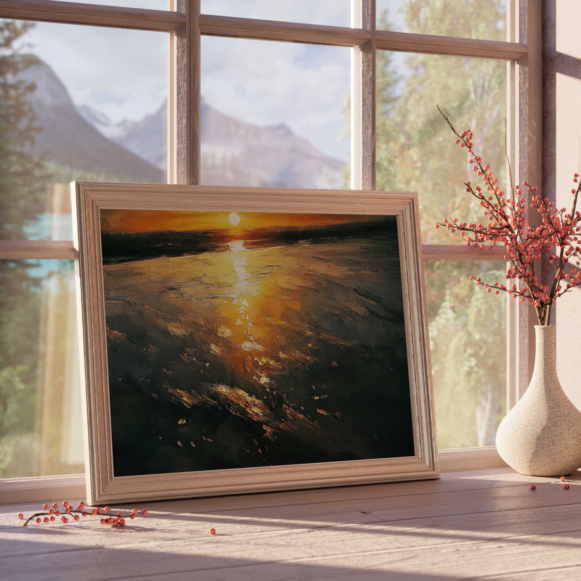 Warm sunset beach downloadable art framed in natural wood, infusing serene coastal elegance and tranquil ambiance into curated modern interiors