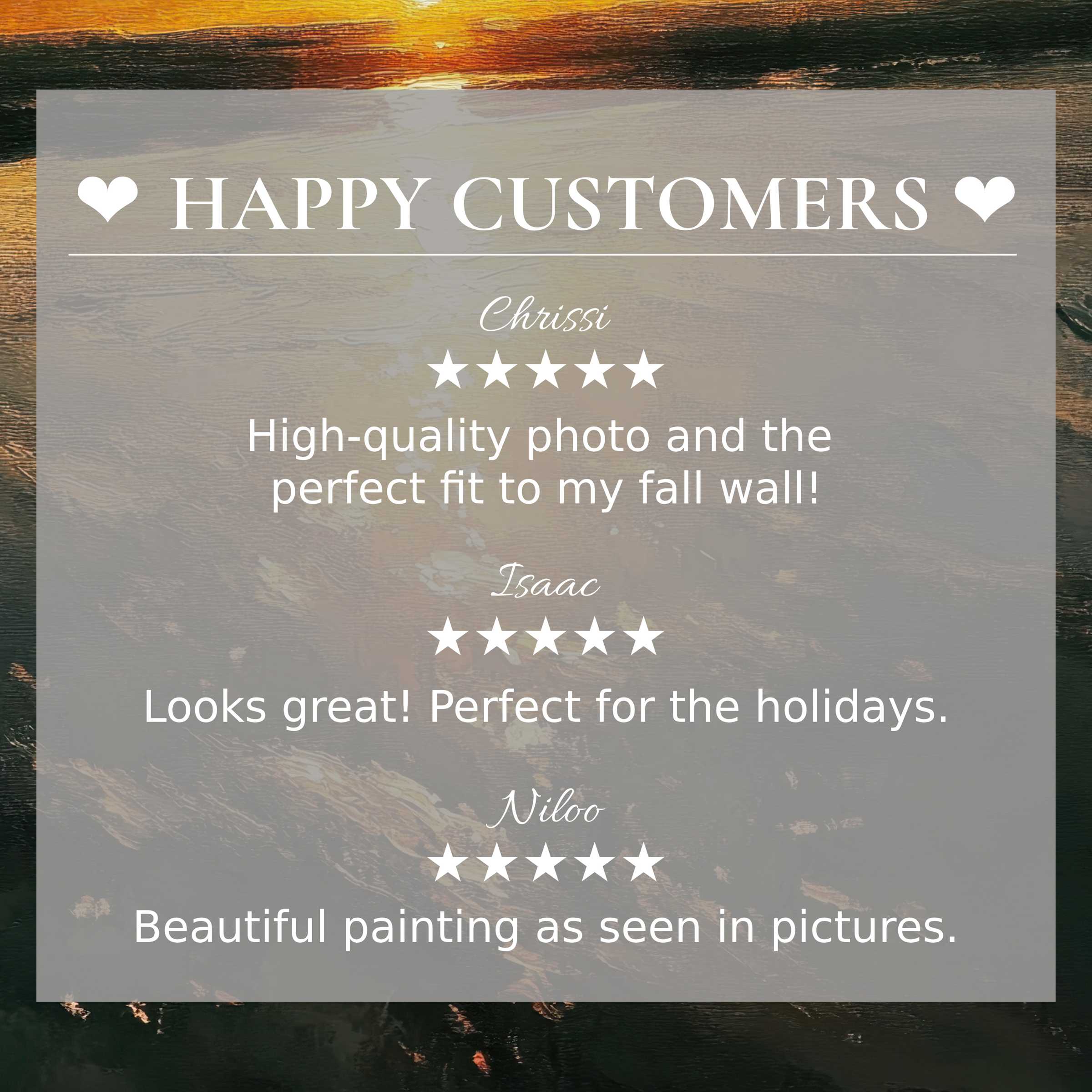 Happy customer reviews highlight elegant beach art for Frame TV with warm, abstract sunset hues, building trust and style appeal