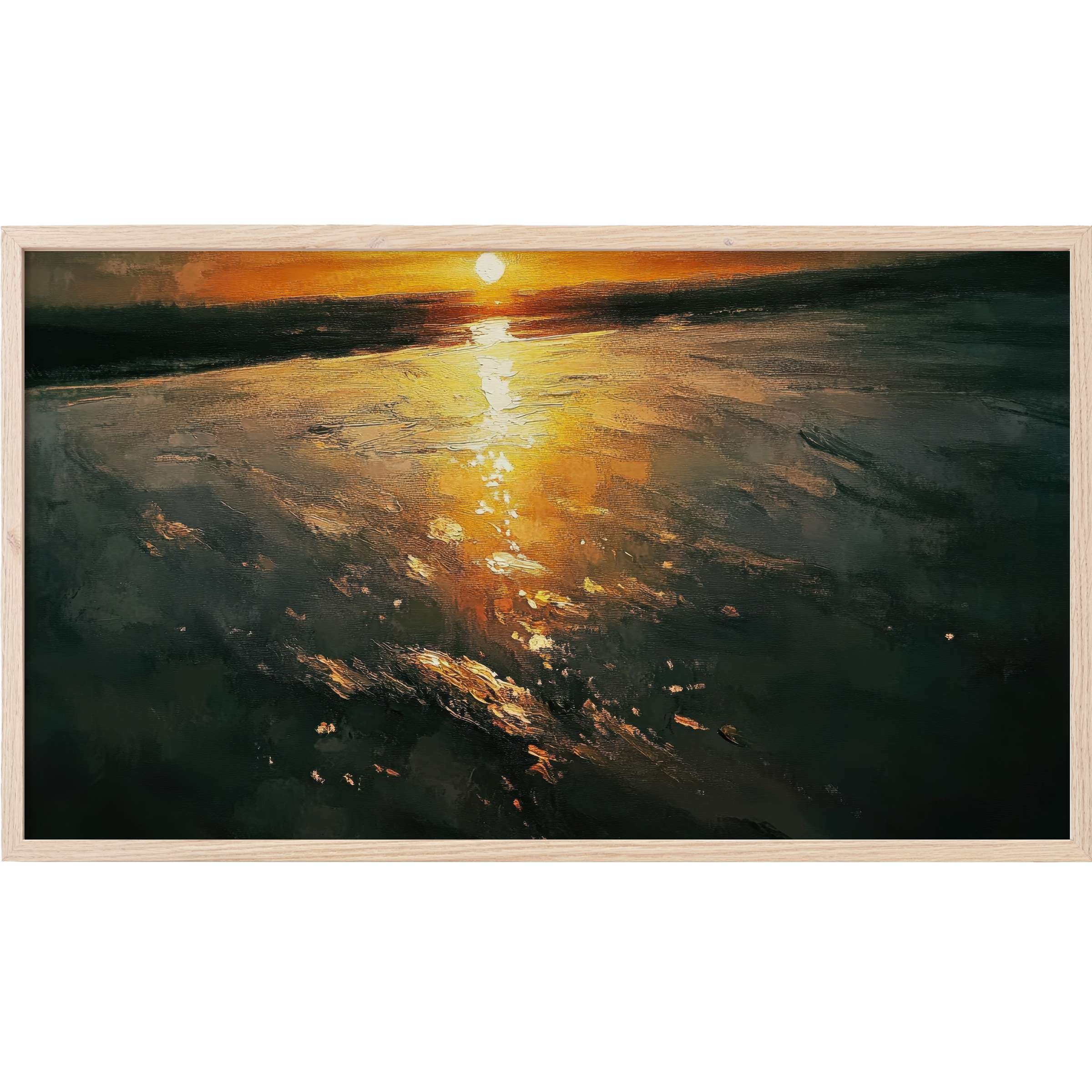 Beach Frame TV Art of a golden sunset reflecting on textured dark ocean waves, evoking calm and warmth