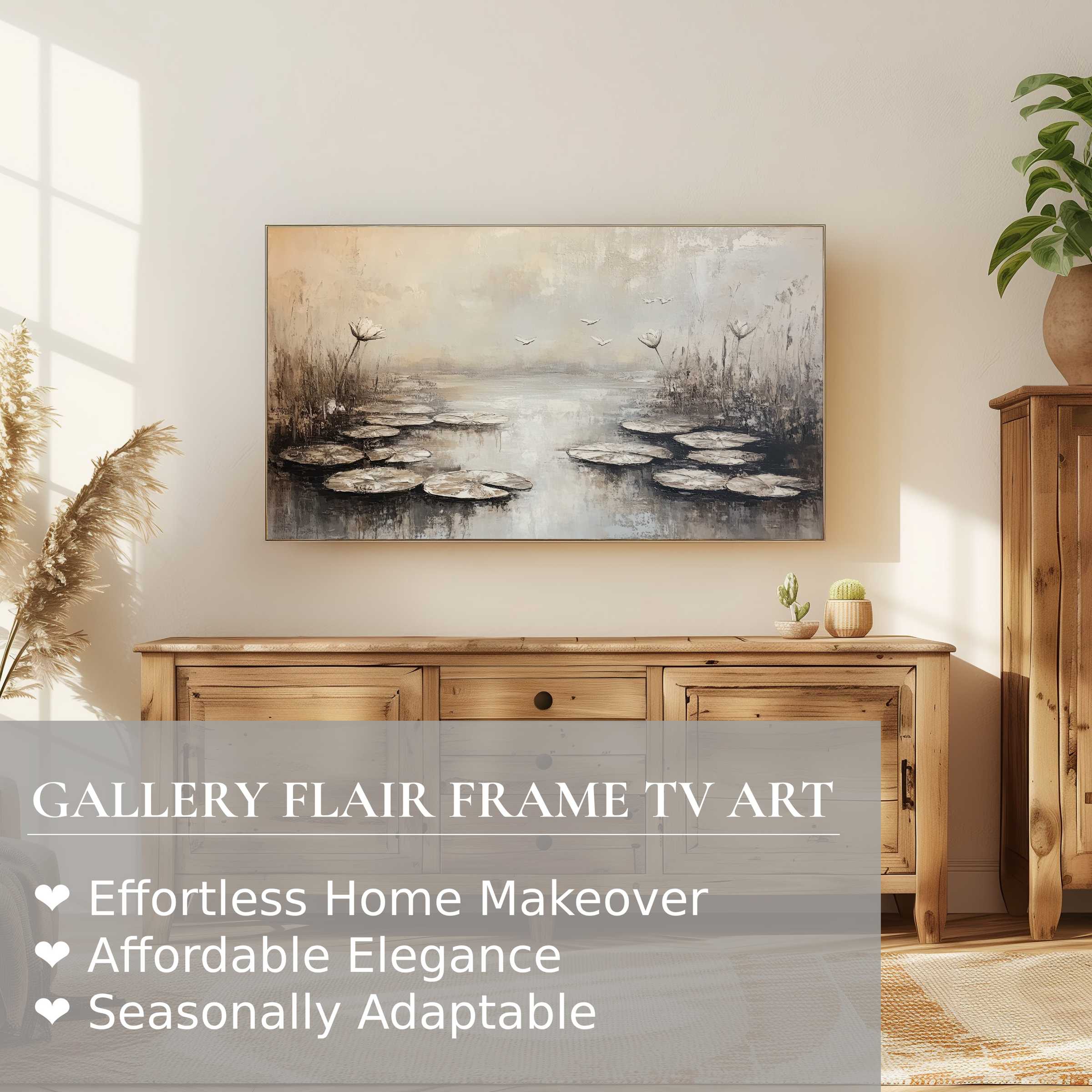 Samsung Frame TV showcasing serene botanical digital artwork in a modern, elegant living space with warm wood tones
