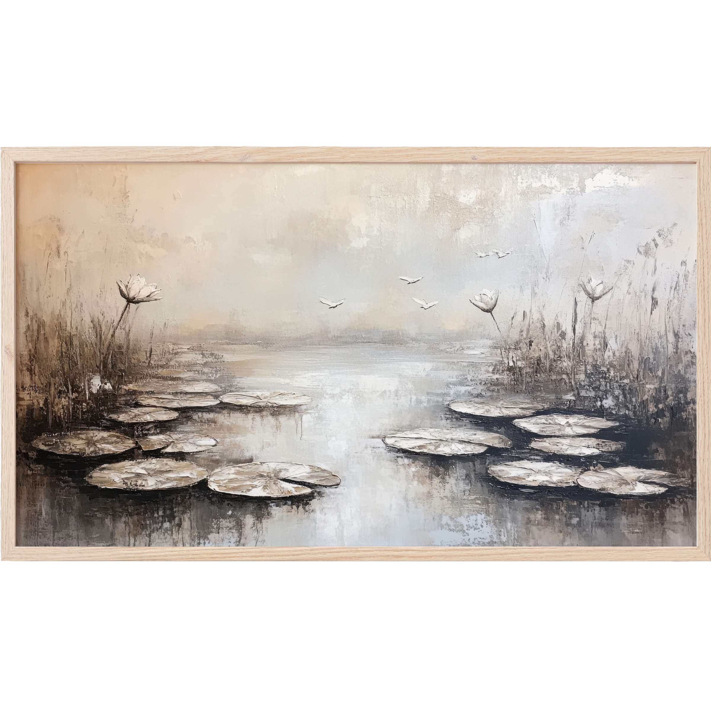 Serene water lilies in muted beige and gray tones with soft brushstrokes, botanical Frame TV Art for modern spaces