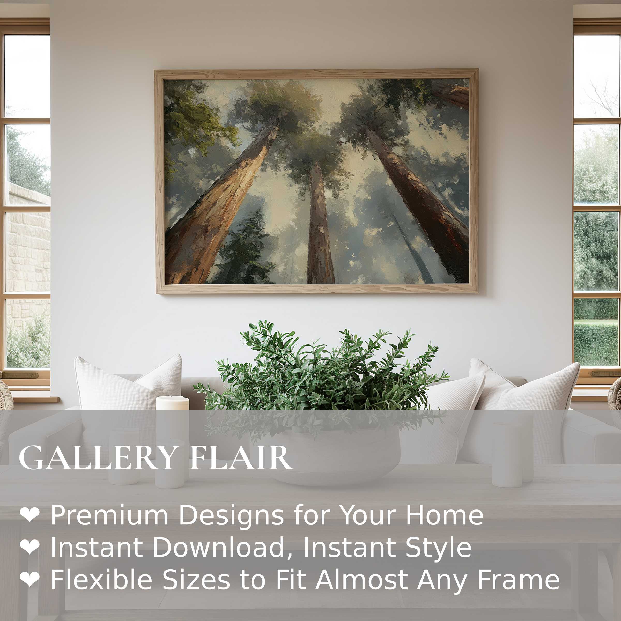 Elevate your modern living space with this radiant tree wall art print, featuring towering sequoias that inspire calm and grandeur
