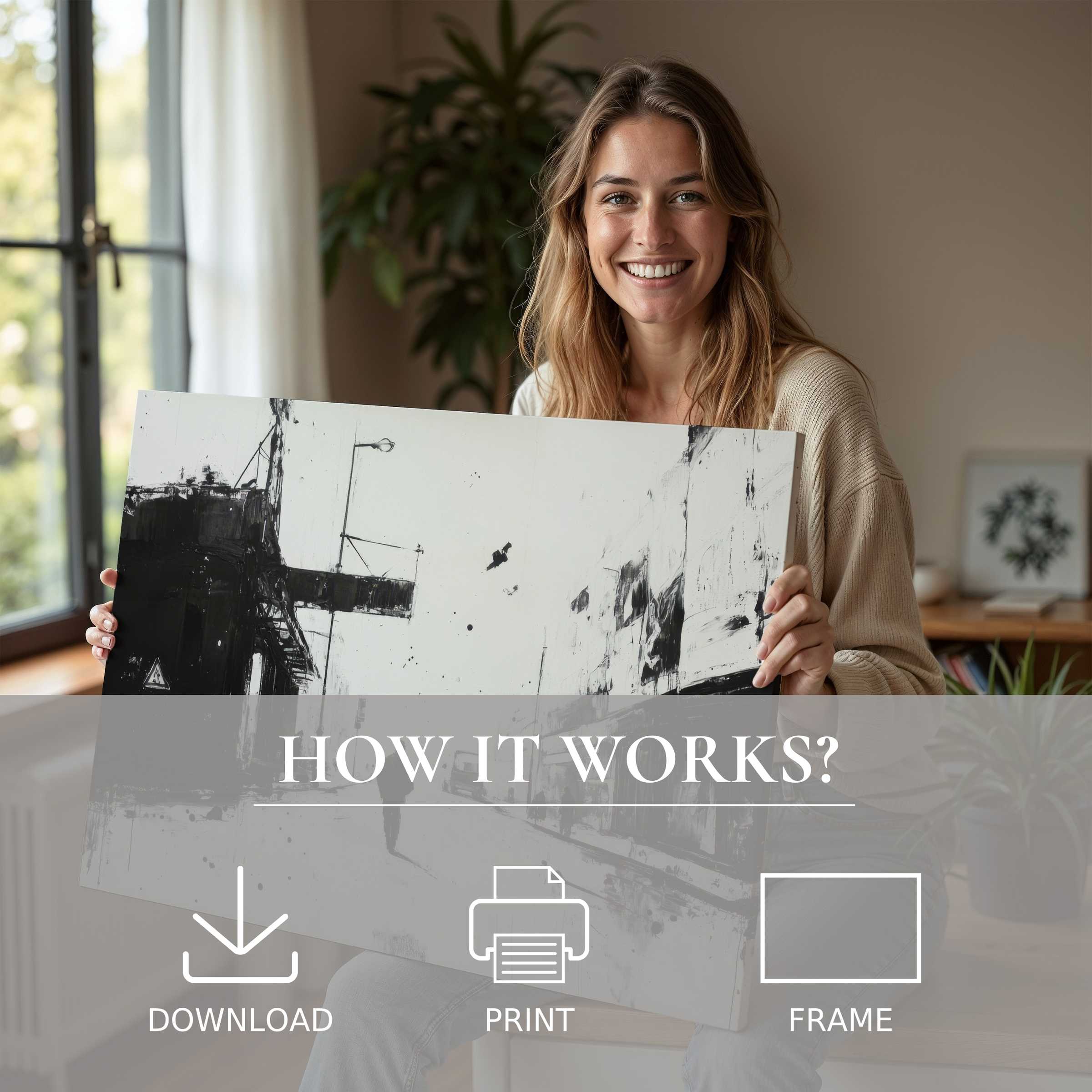 Bright, airy moment of artful connection as a woman reveals a monochrome street art digital art print in her serene, modern living space