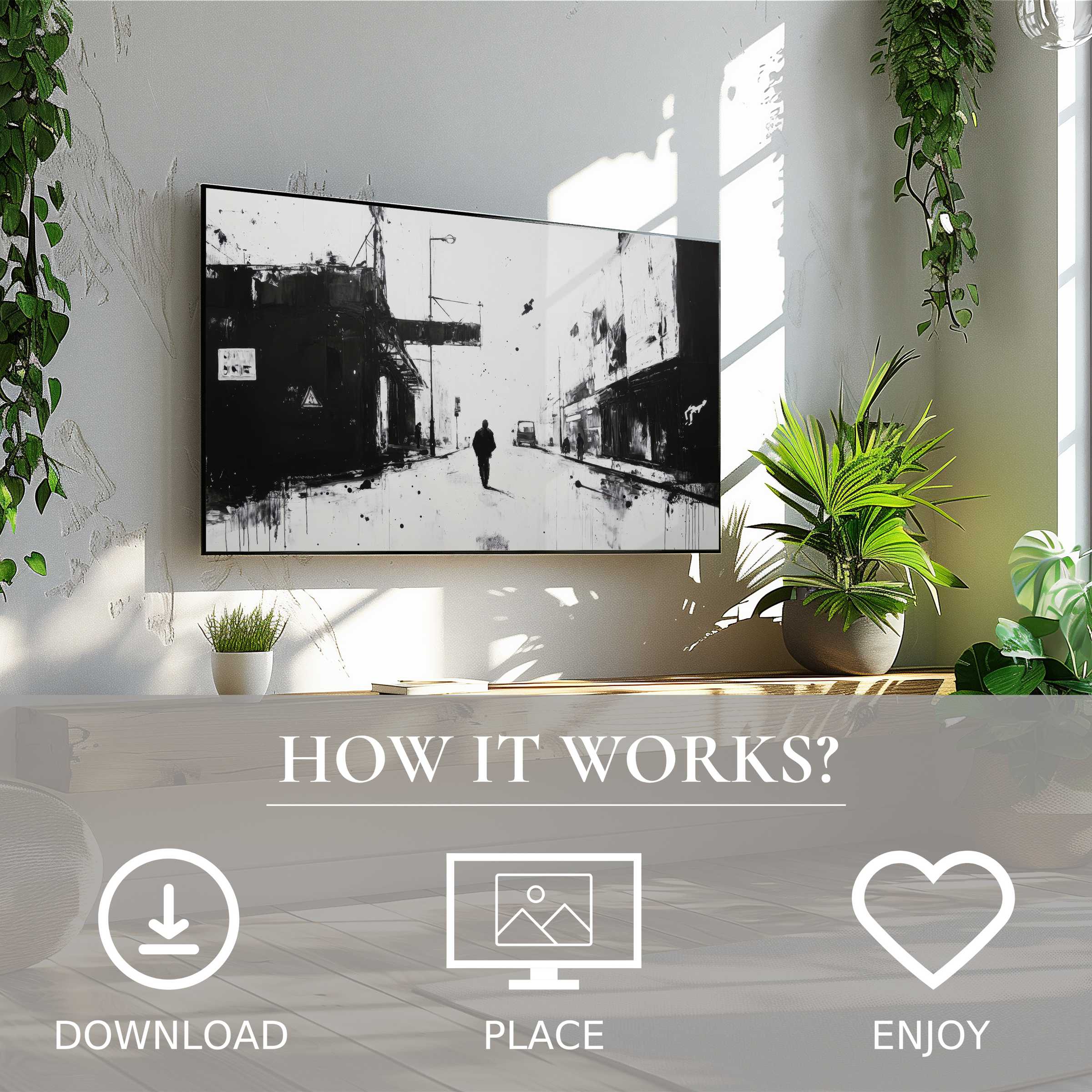 Street art for Samsung TV shows a monochrome urban scene; easy digital download enriches modern living spaces