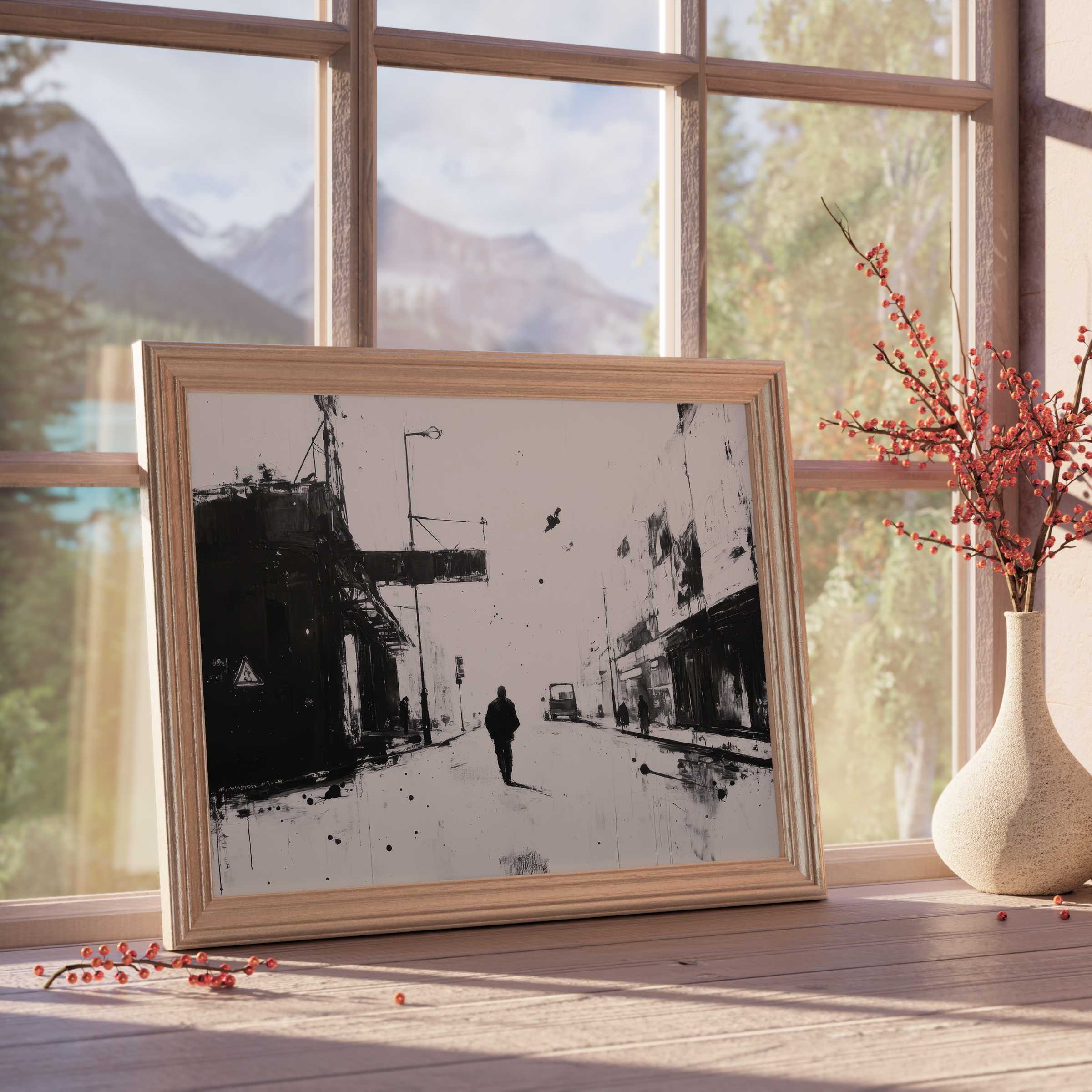 Moody street art downloadable art capturing urban solitude in black and white, perfect for elevating curated, tranquil interiors