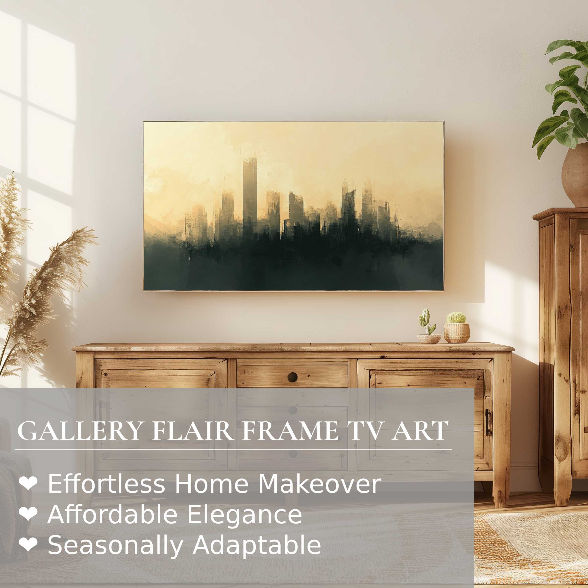 Modern urban digital artwork of a misty cityscape on Samsung Frame TV in a warm, elegant living room setting