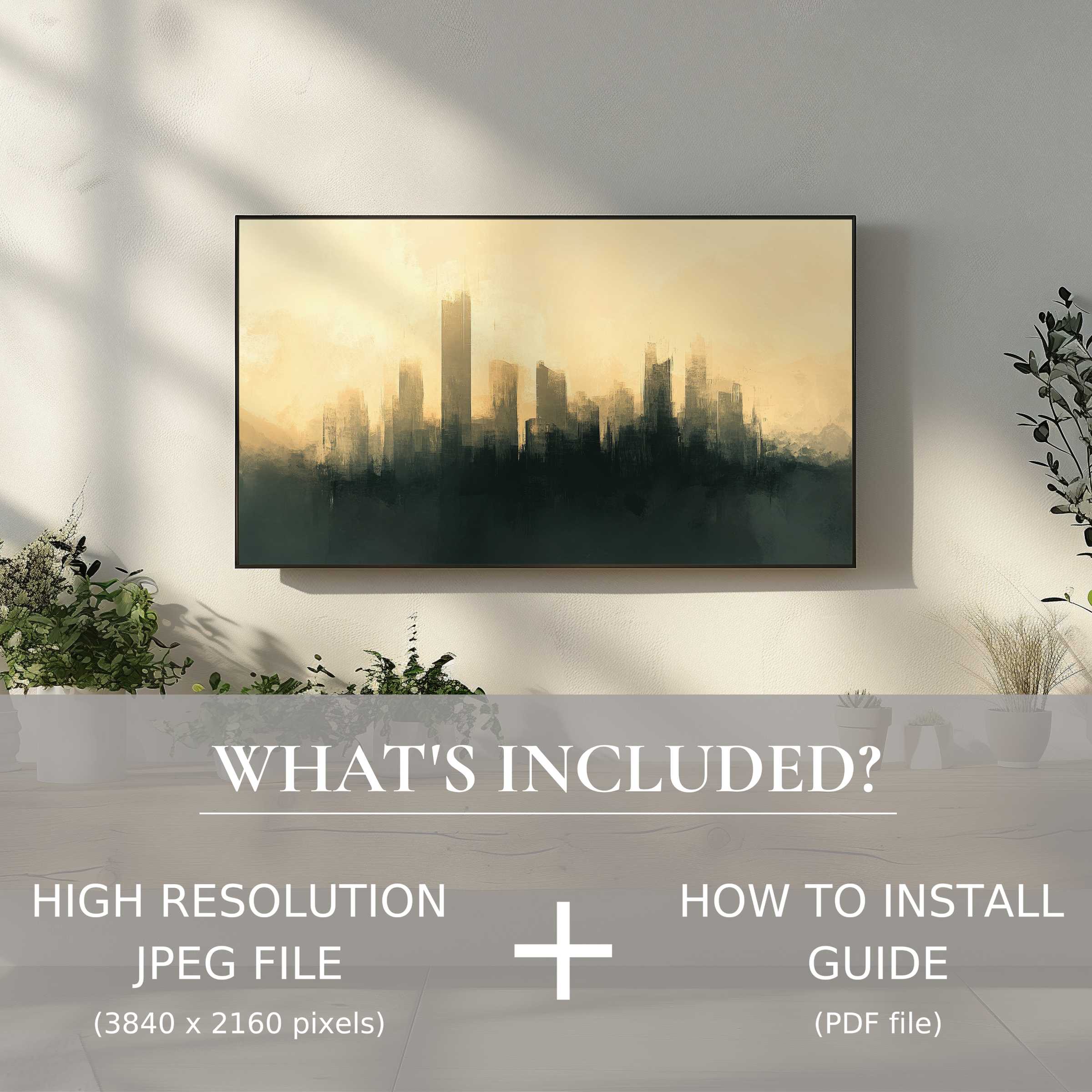 Elegant urban digital TV art download, easy to use, enhances living space with a stylish modern cityscape ambiance