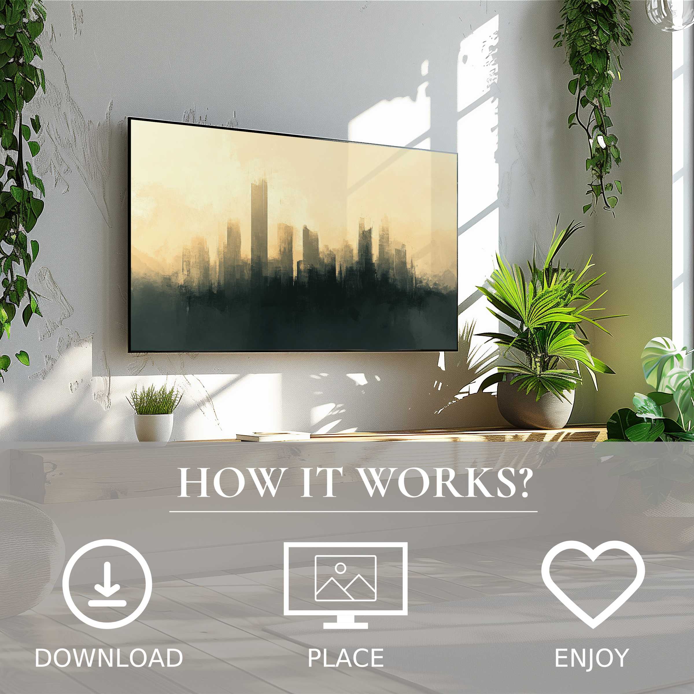 Urban art for Samsung TV: digital download of soft sunset cityscape enriches modern living with ease and style