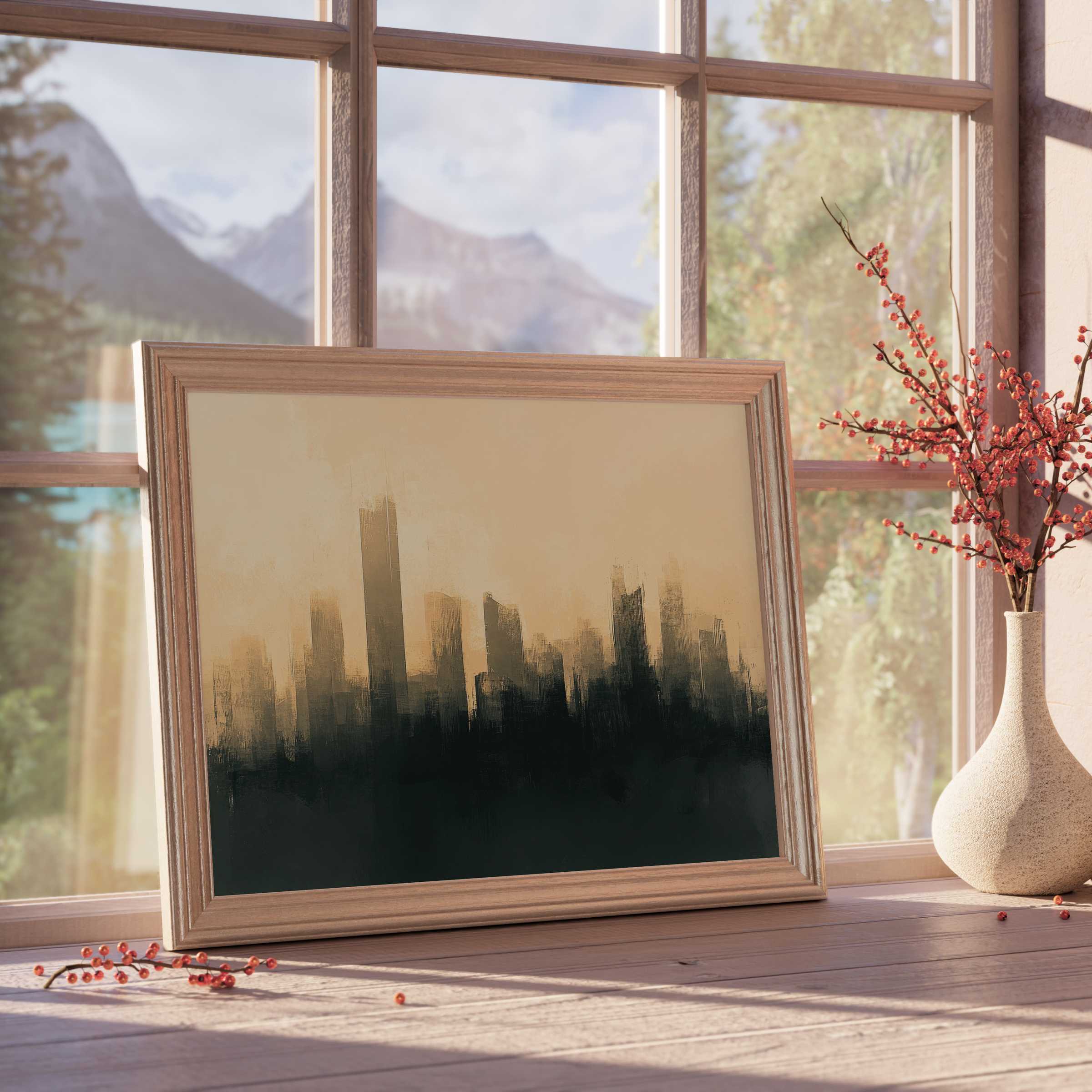 Urban downloadable art with serene neutral tones evokes calm sophistication, perfect for elevating curated, design-forward interiors