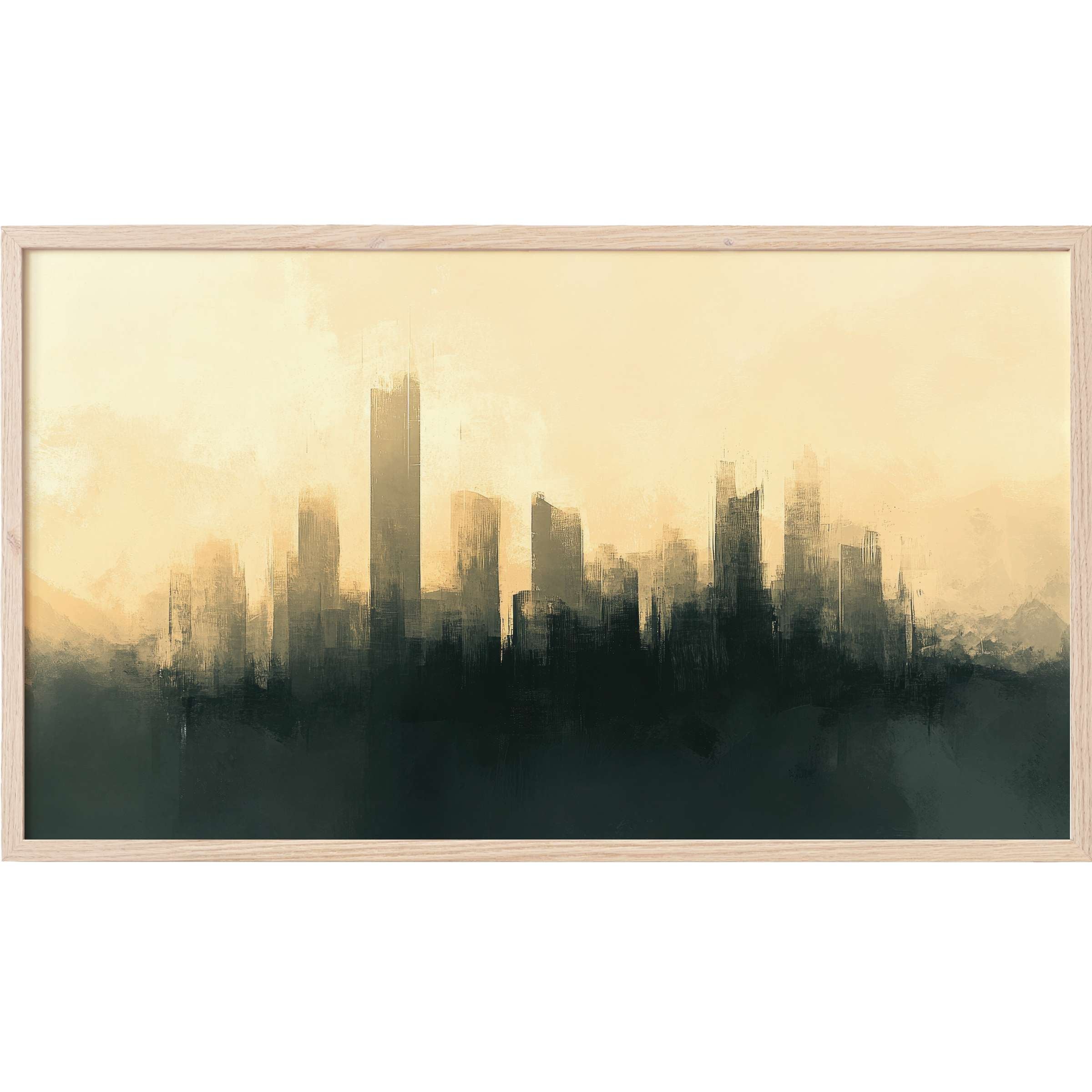 Urban skyline in muted black and beige tones, with a soft, textured brushstroke style, urban Frame TV Art
