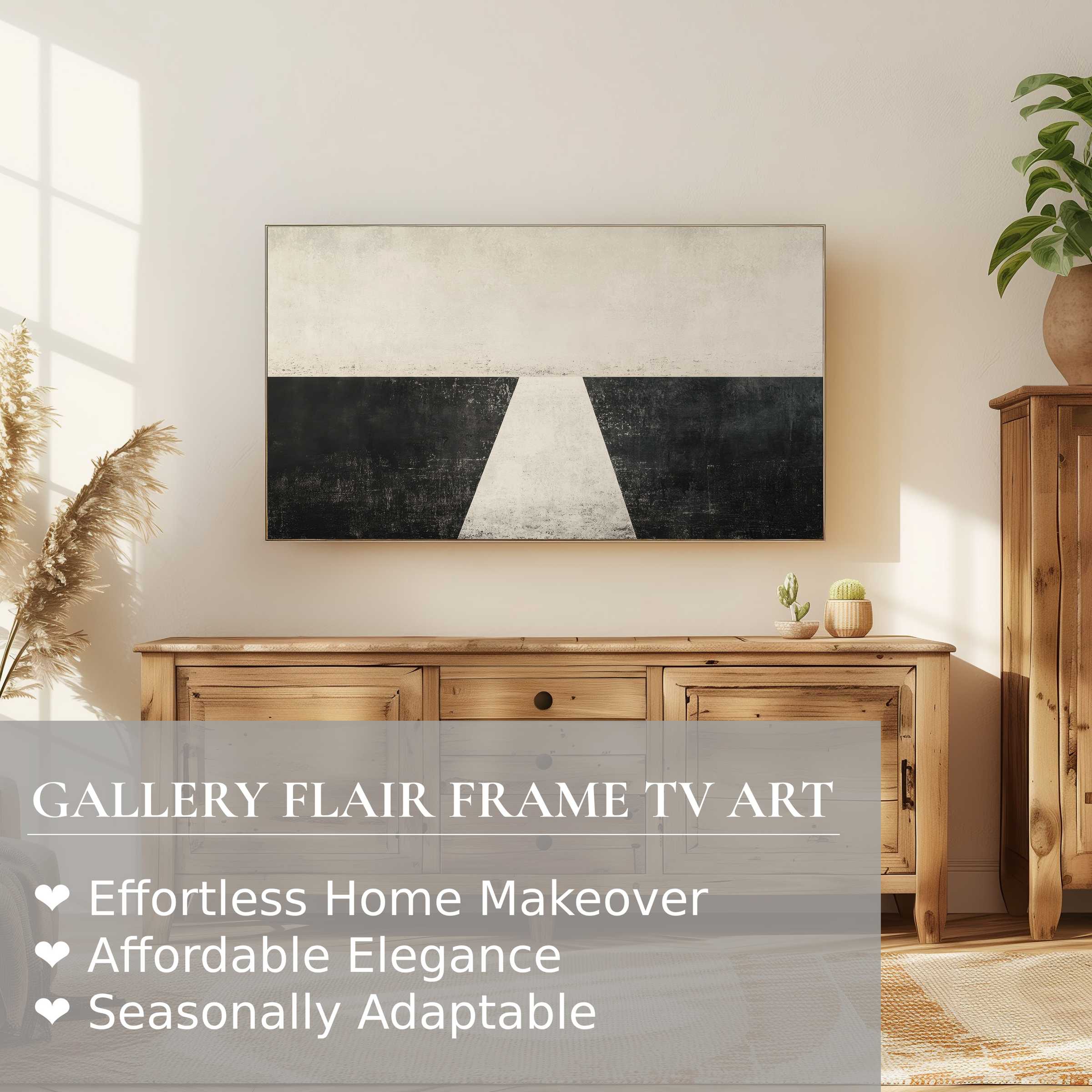 Minimalist modern digital artwork in neutral tones on Samsung Frame TV complements warm, natural wood home decor setting