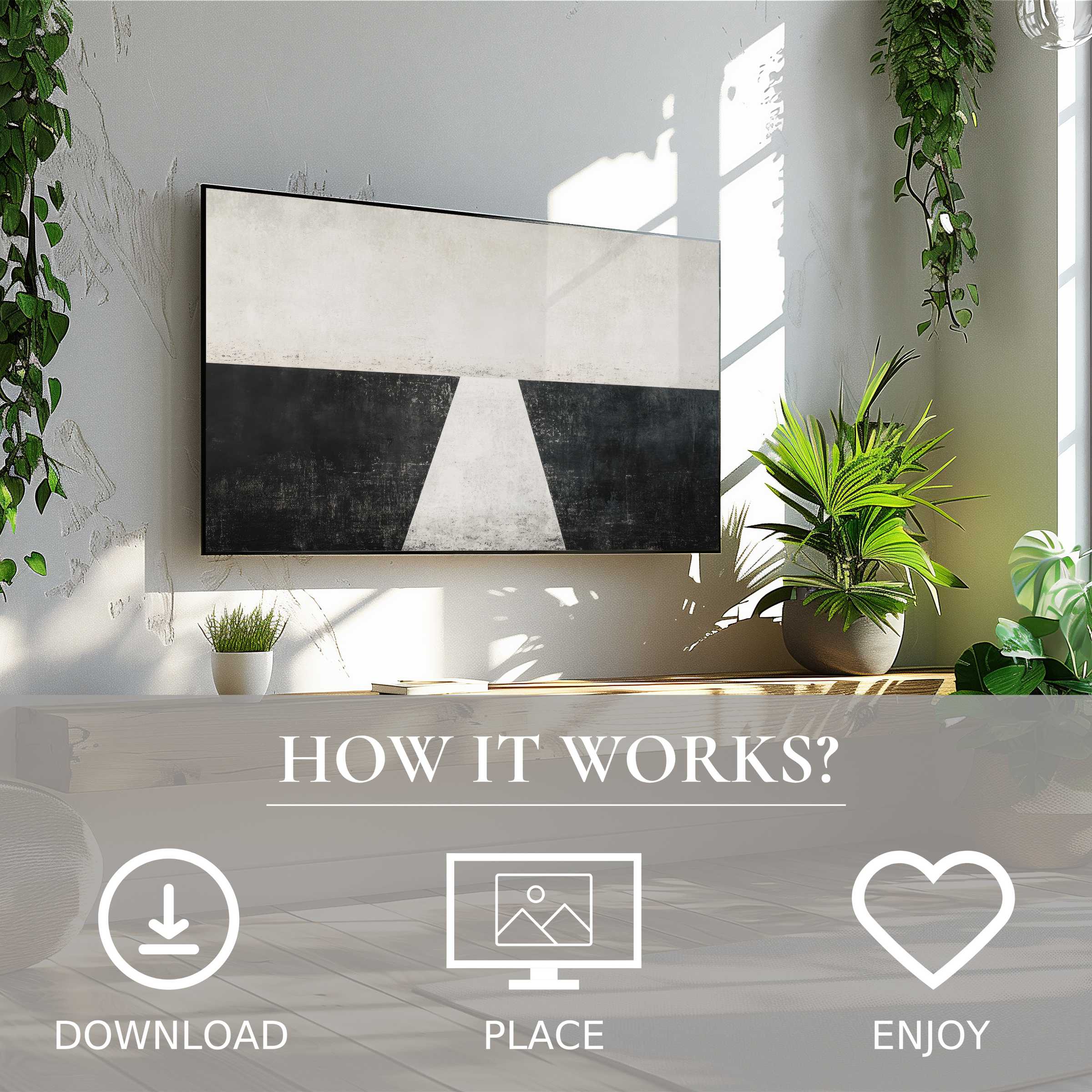 Modern art for Samsung TV with minimal black and white motif, easy digital download to enhance stylish living spaces