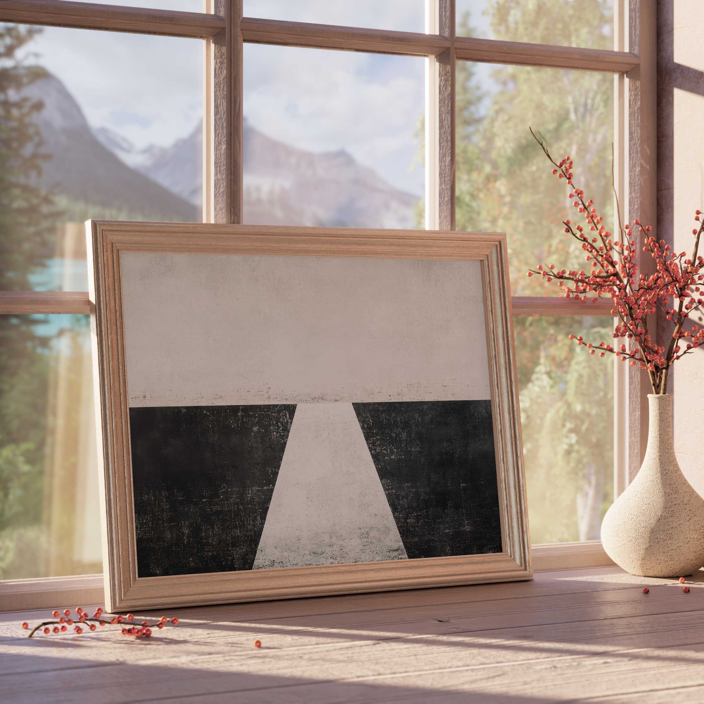 Modern downloadable art framed in warm wood, evoking calm minimalism and serene balance for sophisticated, design-forward interiors