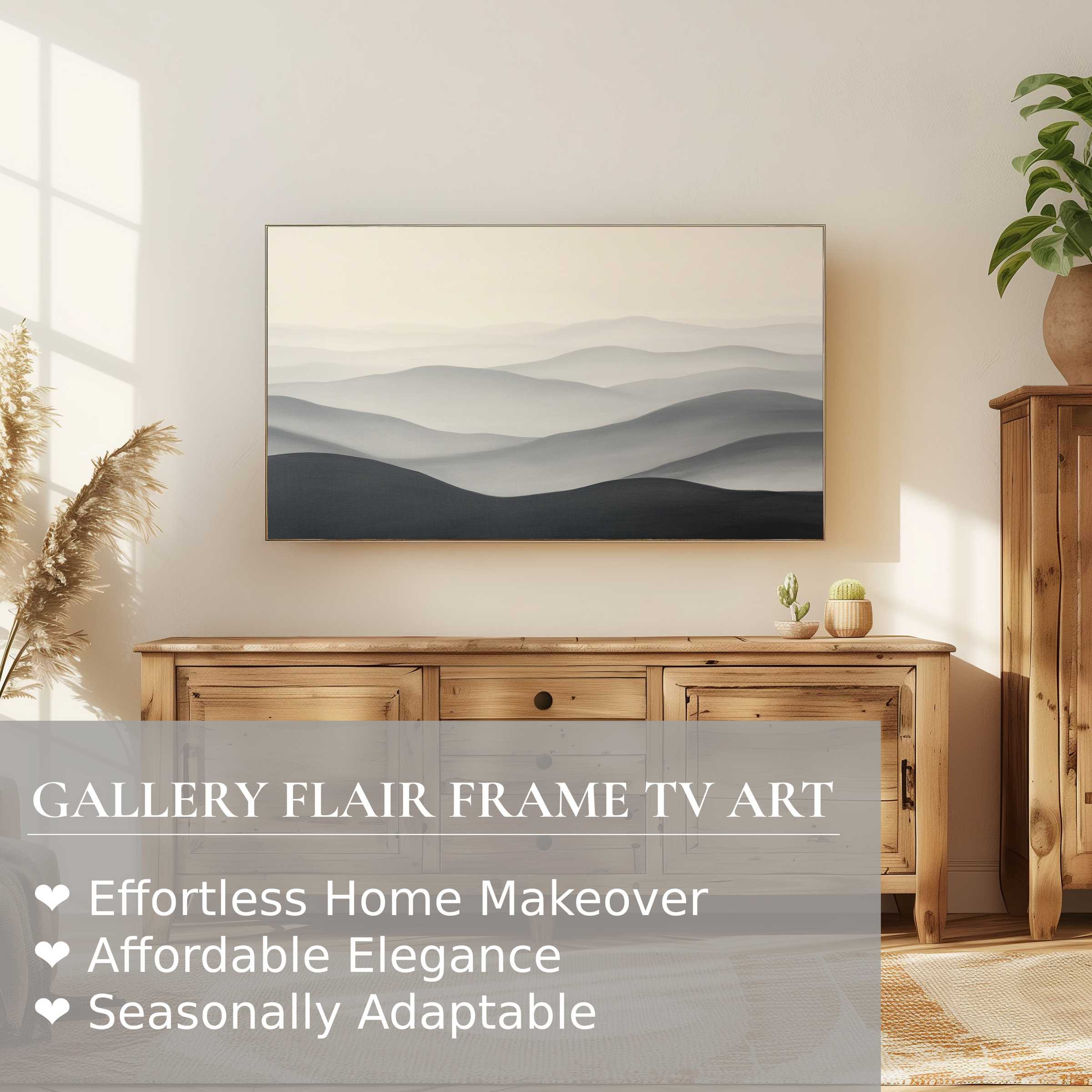 Samsung Frame TV displaying neutral digital artwork of serene layered hills in a modern, elegant living room