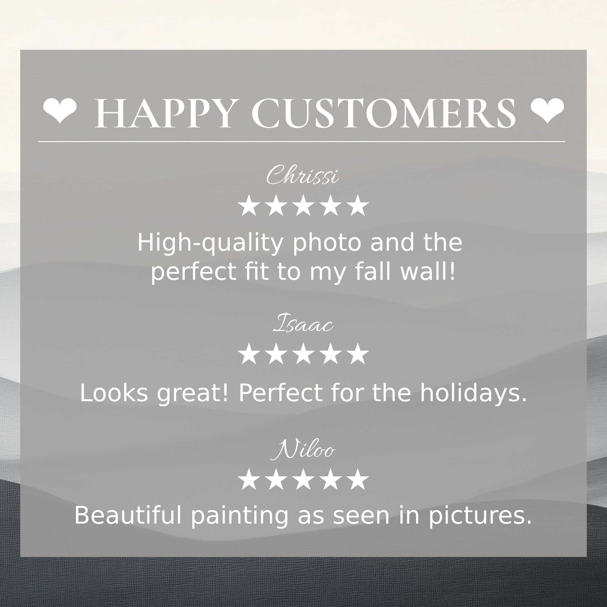Neutral art for Frame TV with serene gray gradient background, showcasing happy customer reviews to inspire trust and elegance