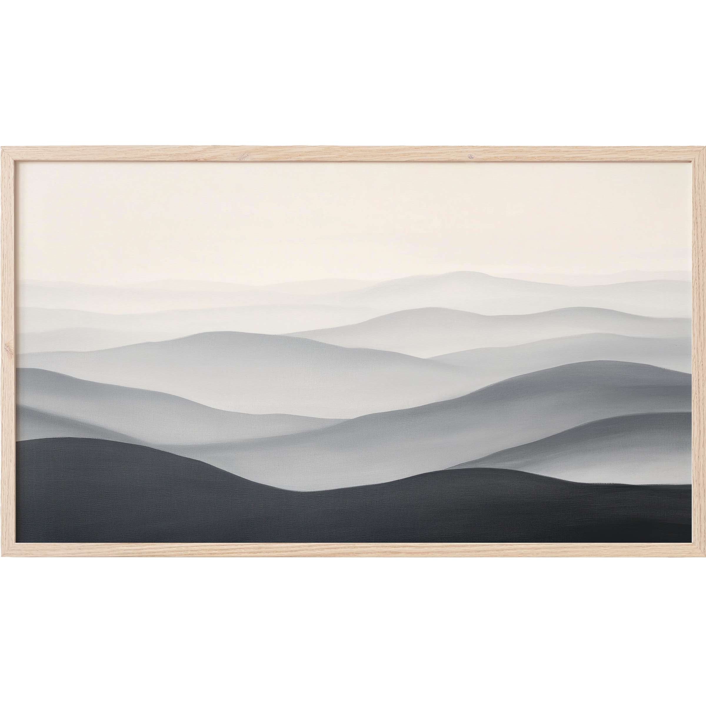 Serene layered hills in soft grays and blacks, framed in light wood, embody minimalist neutral Frame TV Art elegance