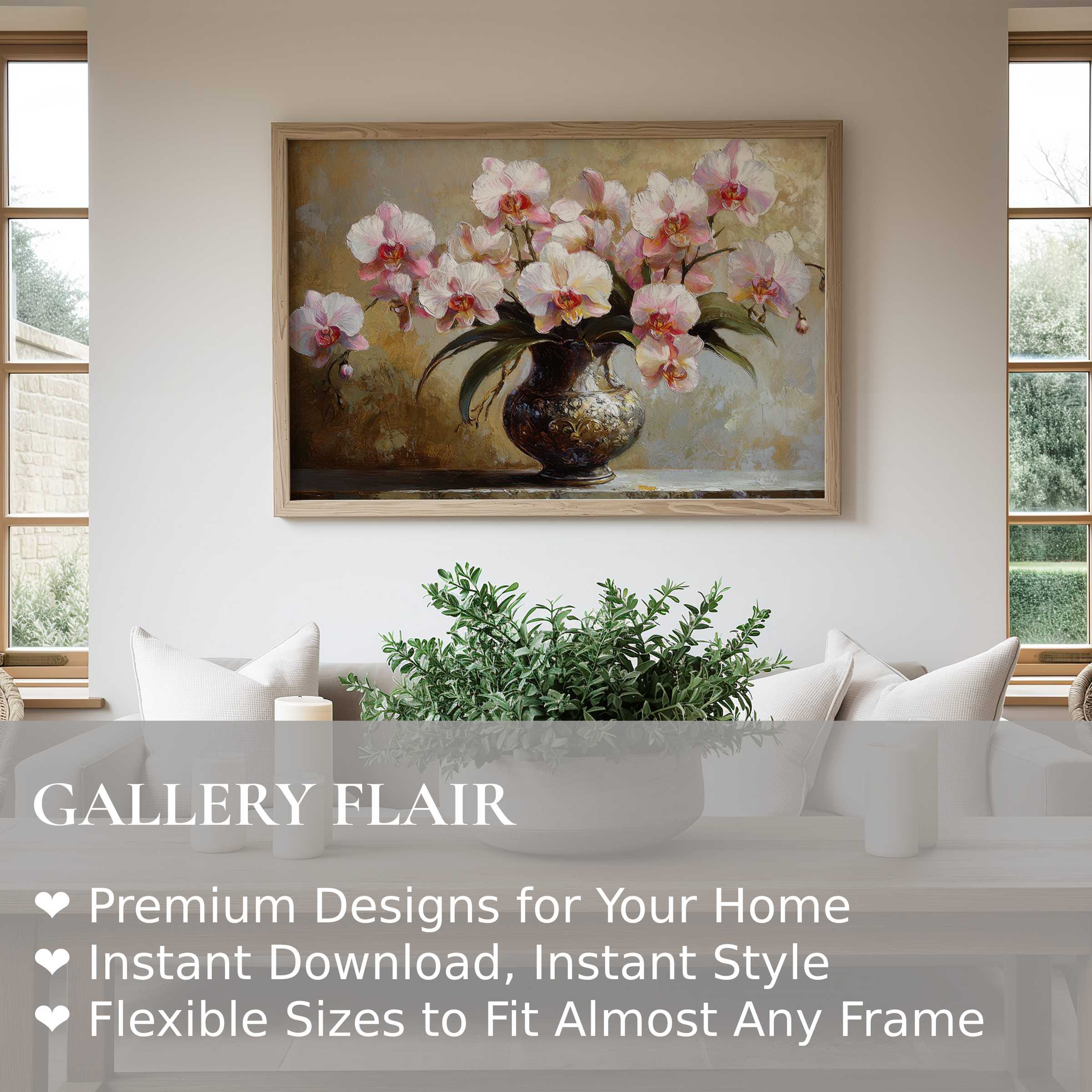 Elegant floral wall art print featuring soft pink orchids in a vintage vase, enhancing this serene, modern minimalist living space