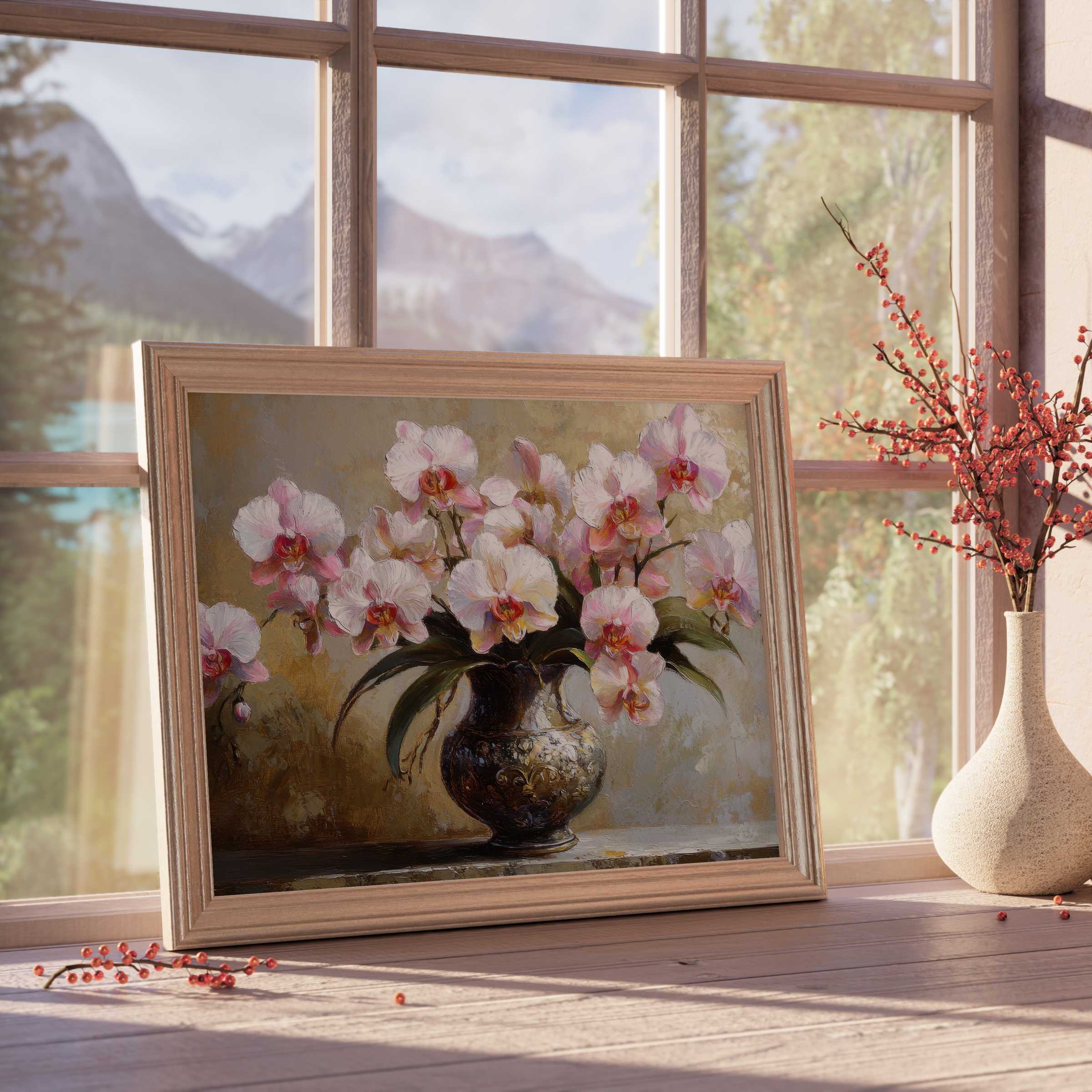 Floral downloadable art featuring delicate orchids in an ornate vase, radiating serene elegance for curated, tranquil interiors