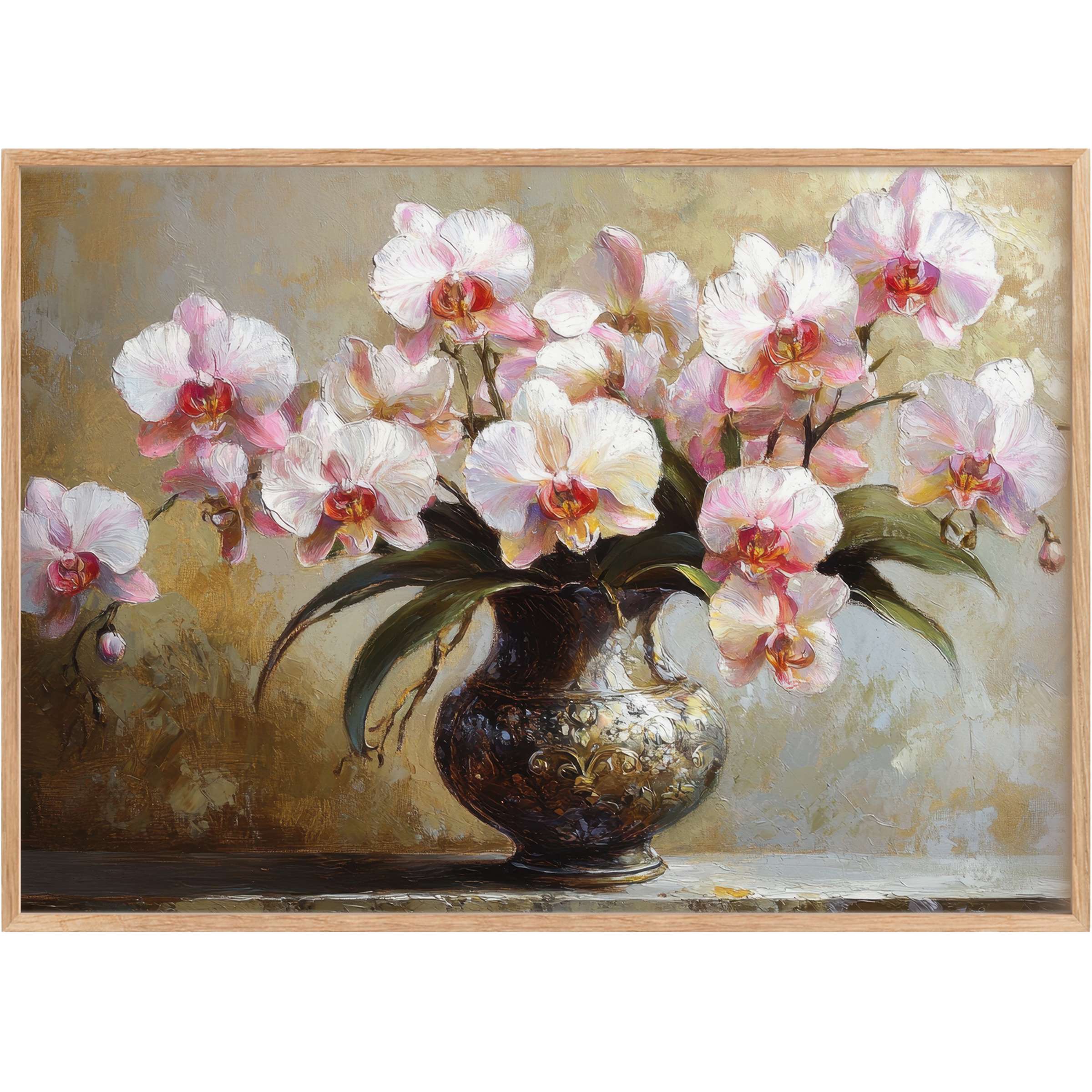 Elegant floral printable wall art featuring soft pink orchids in a vintage silver vase, creating a serene, timeless ambiance