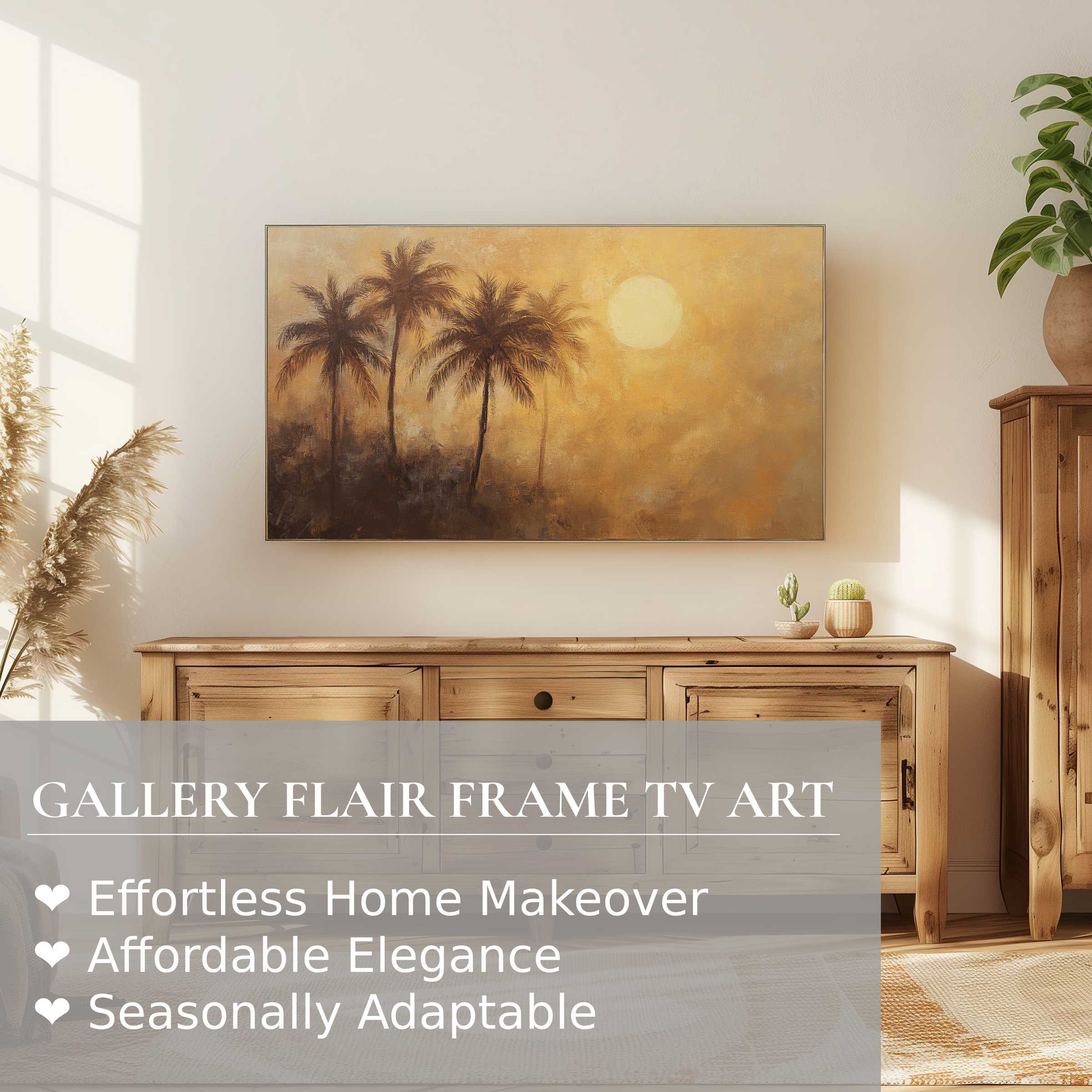 Samsung Frame TV displaying warm summer digital artwork of palm trees, enhancing elegant modern home decor