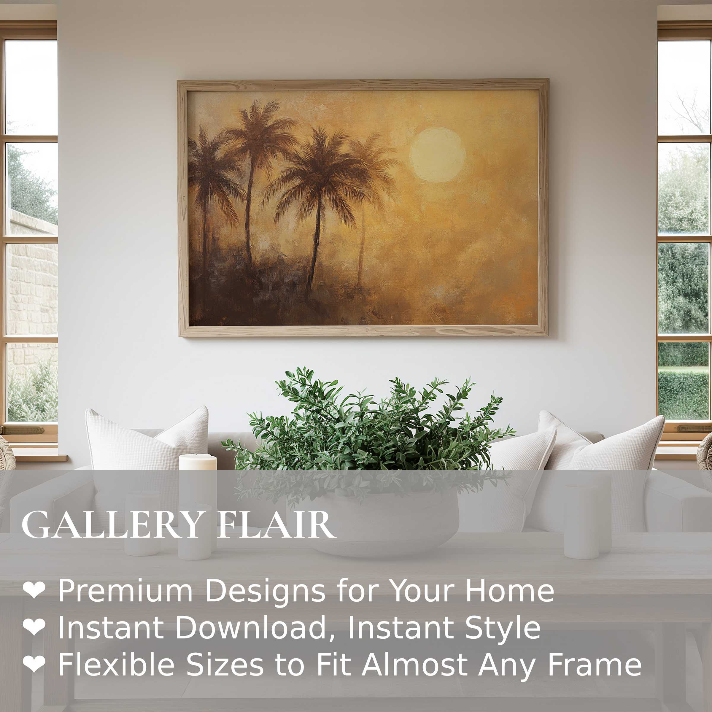 Summer wall art print featuring radiant palm silhouettes at sunset, enhancing modern minimalist interiors with warm, calming tropical elegance