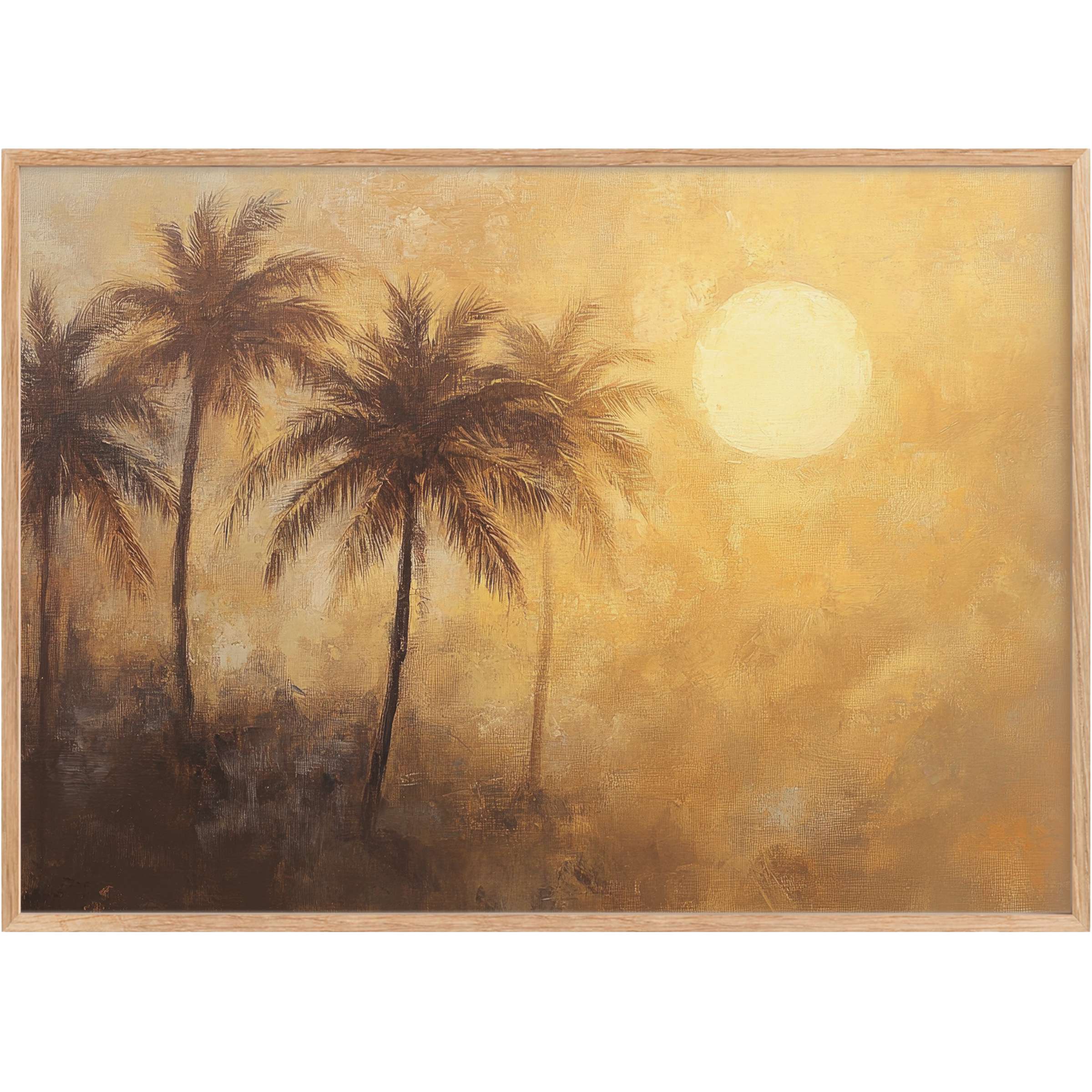 Golden-hued summer printable wall art with serene palm silhouettes, evoking radiant warmth and tranquil tropical elegance