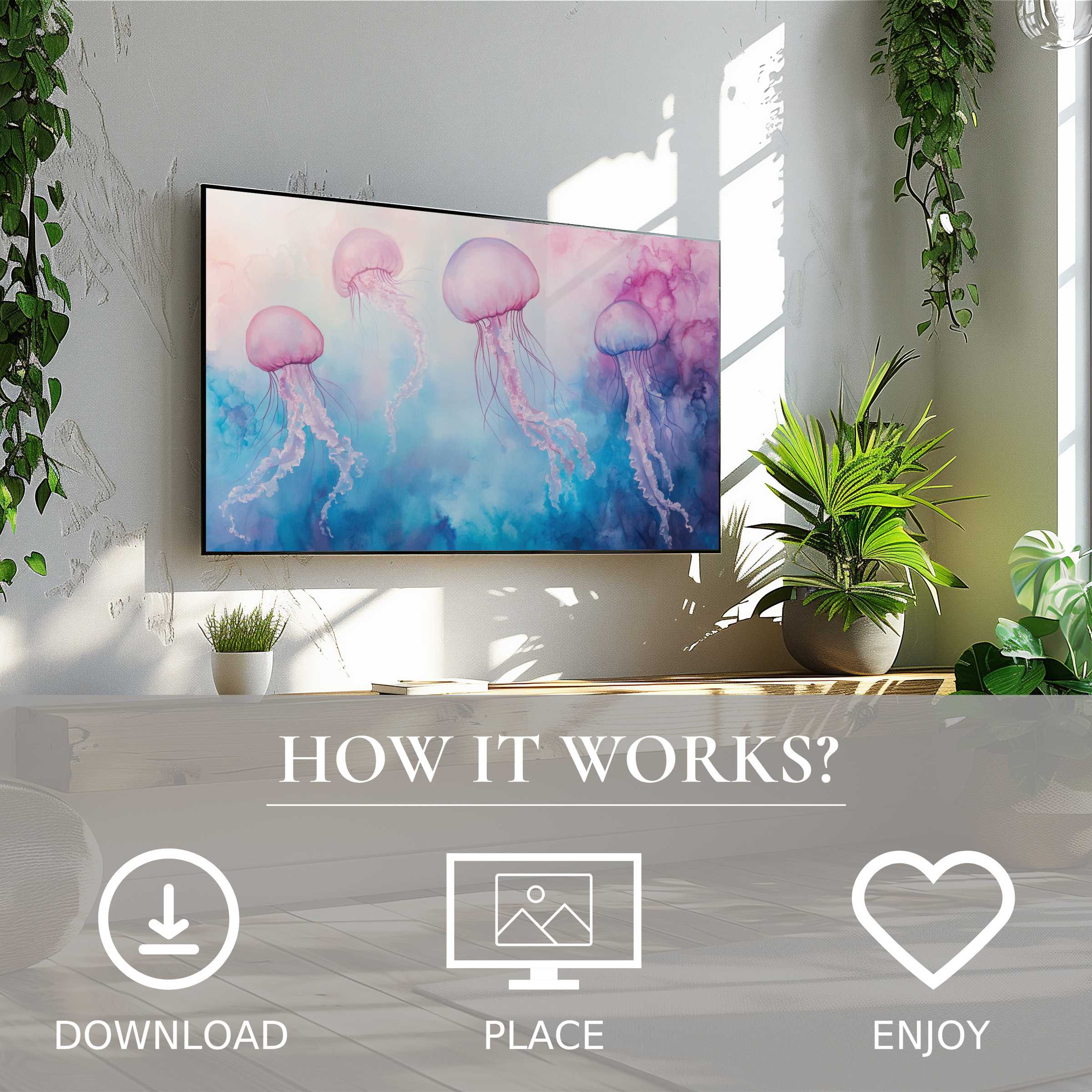 Nursery art for Samsung TV with soft pink jellyfish motif, easy digital download enriching modern living spaces