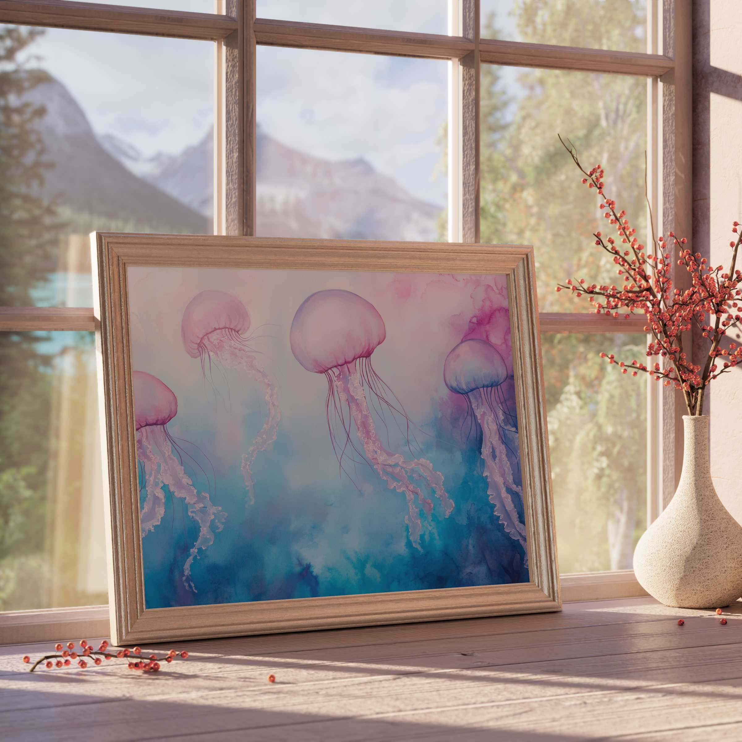 Elegant nursery downloadable art featuring translucent jellyfish in soft pastels, evoking calm, oceanic serenity for curated interiors