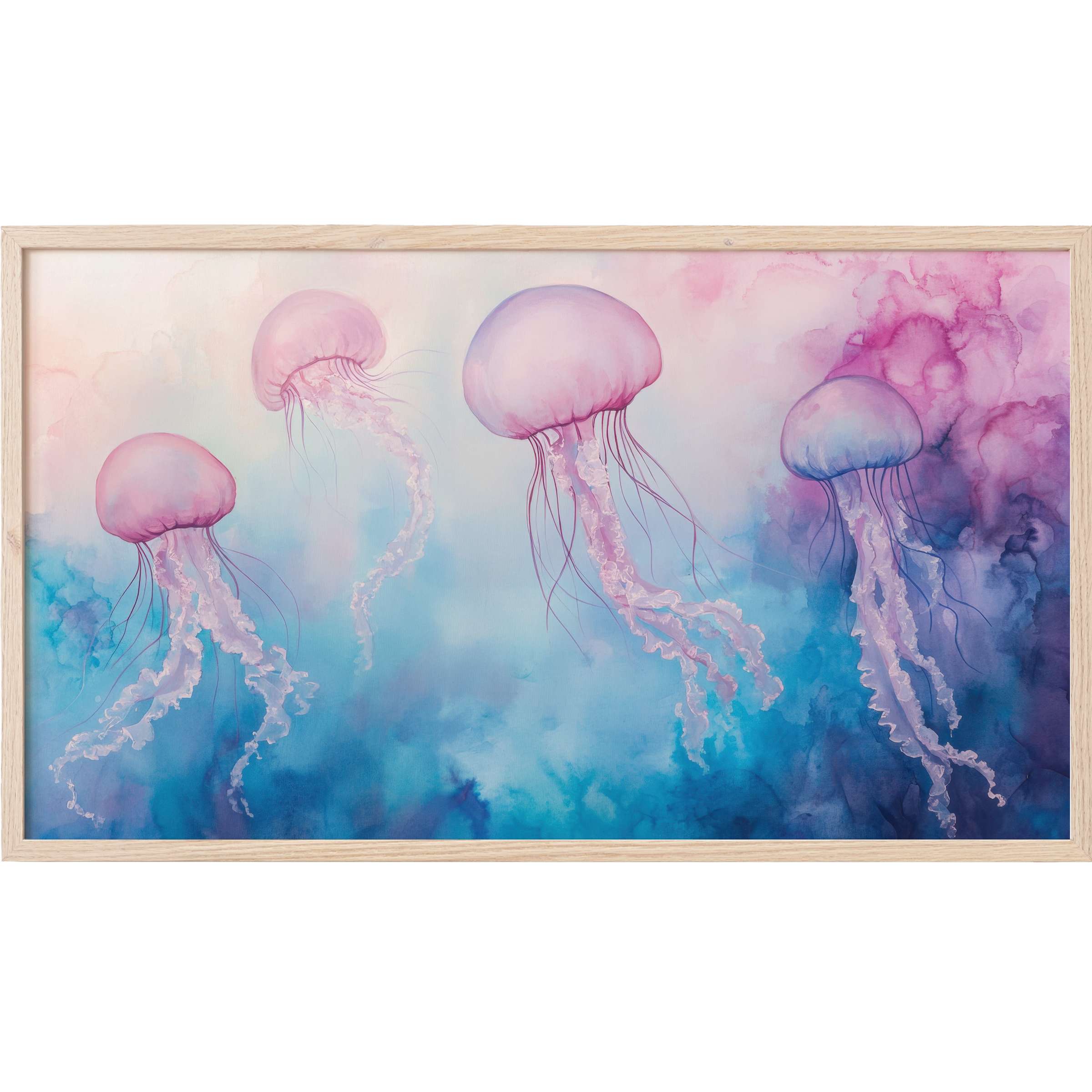 Elegant nursery Frame TV Art featuring ethereal pink jellyfish floating in soft blue and purple watercolor haze